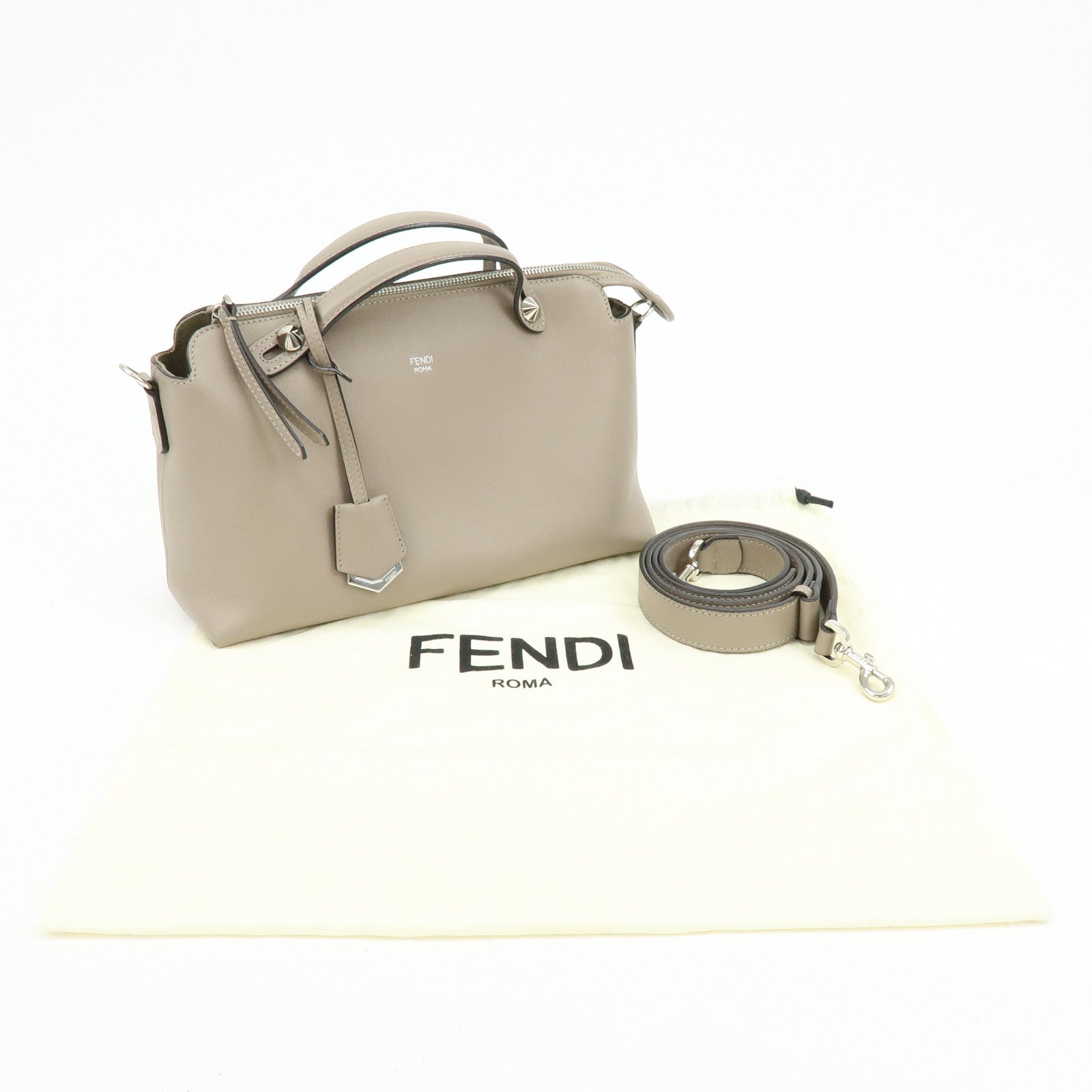 FENDI By The Way Leather 2Way Hand Bag Shoulder Bag Greige 8BL146