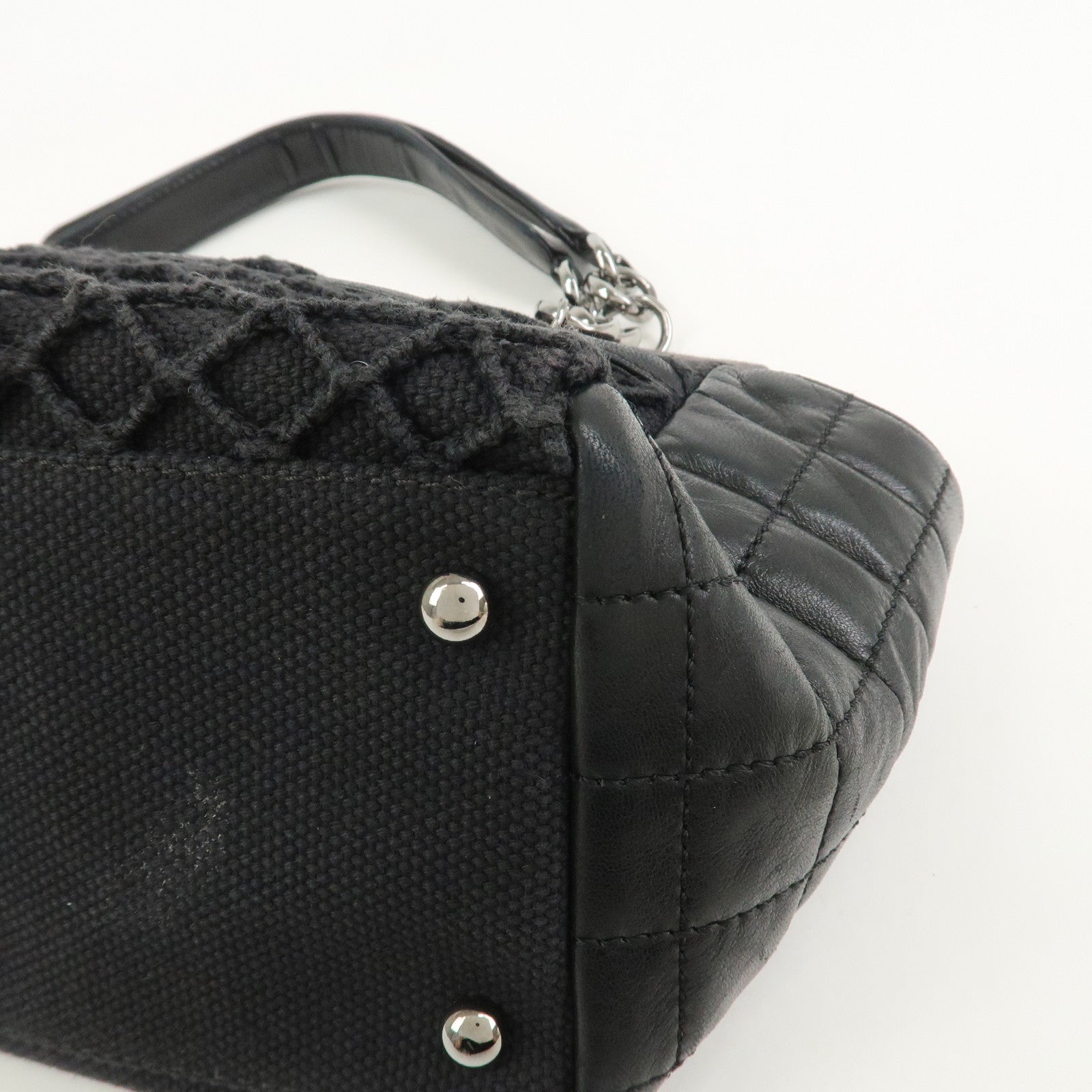 CHANEL Chocolate Bar Lamb Skin Canvas Shoulder Bag Hand Bag Black