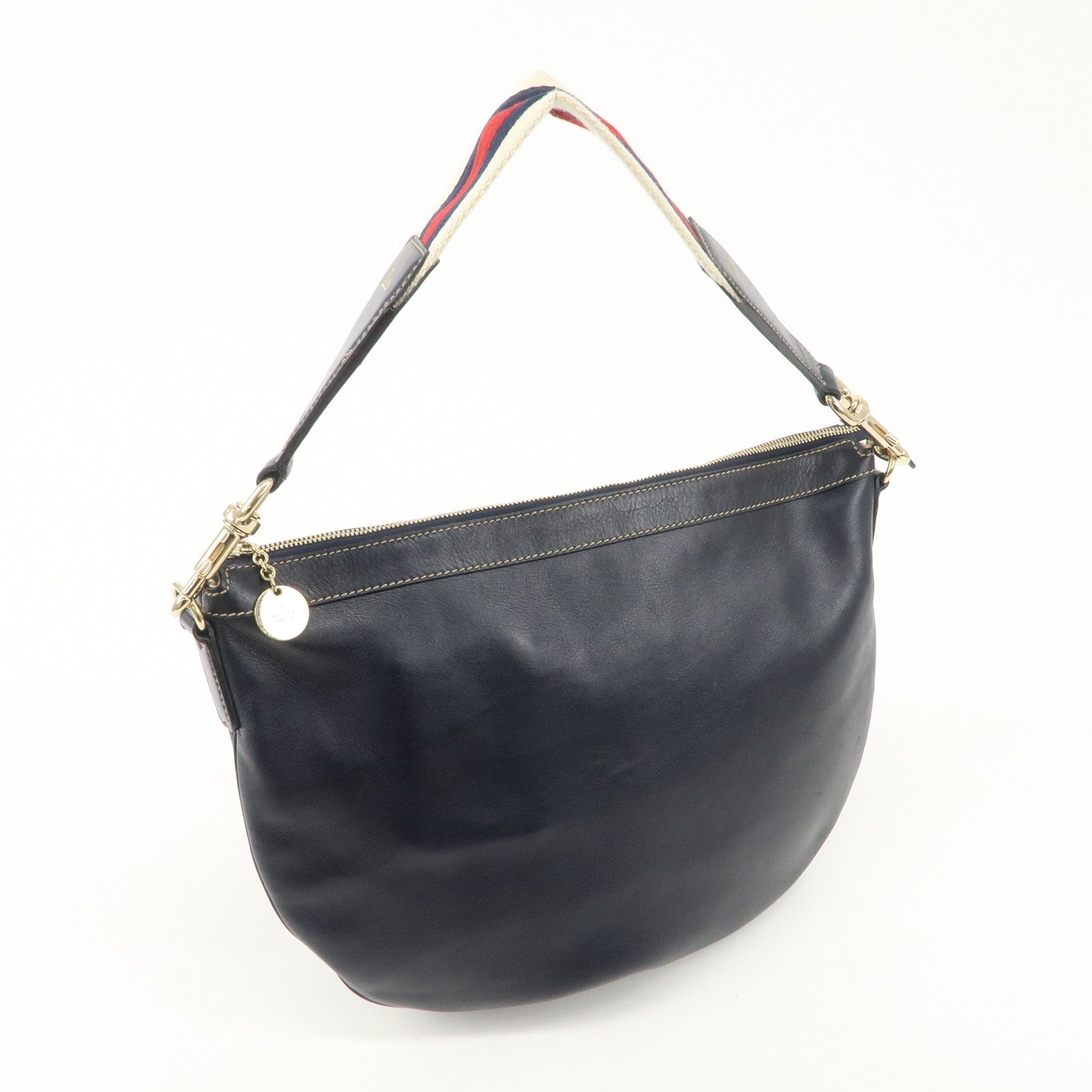 GUCCI Sherry Leather One Shoulder Bag Hand Bag Dark Navy Gold Hardware Used