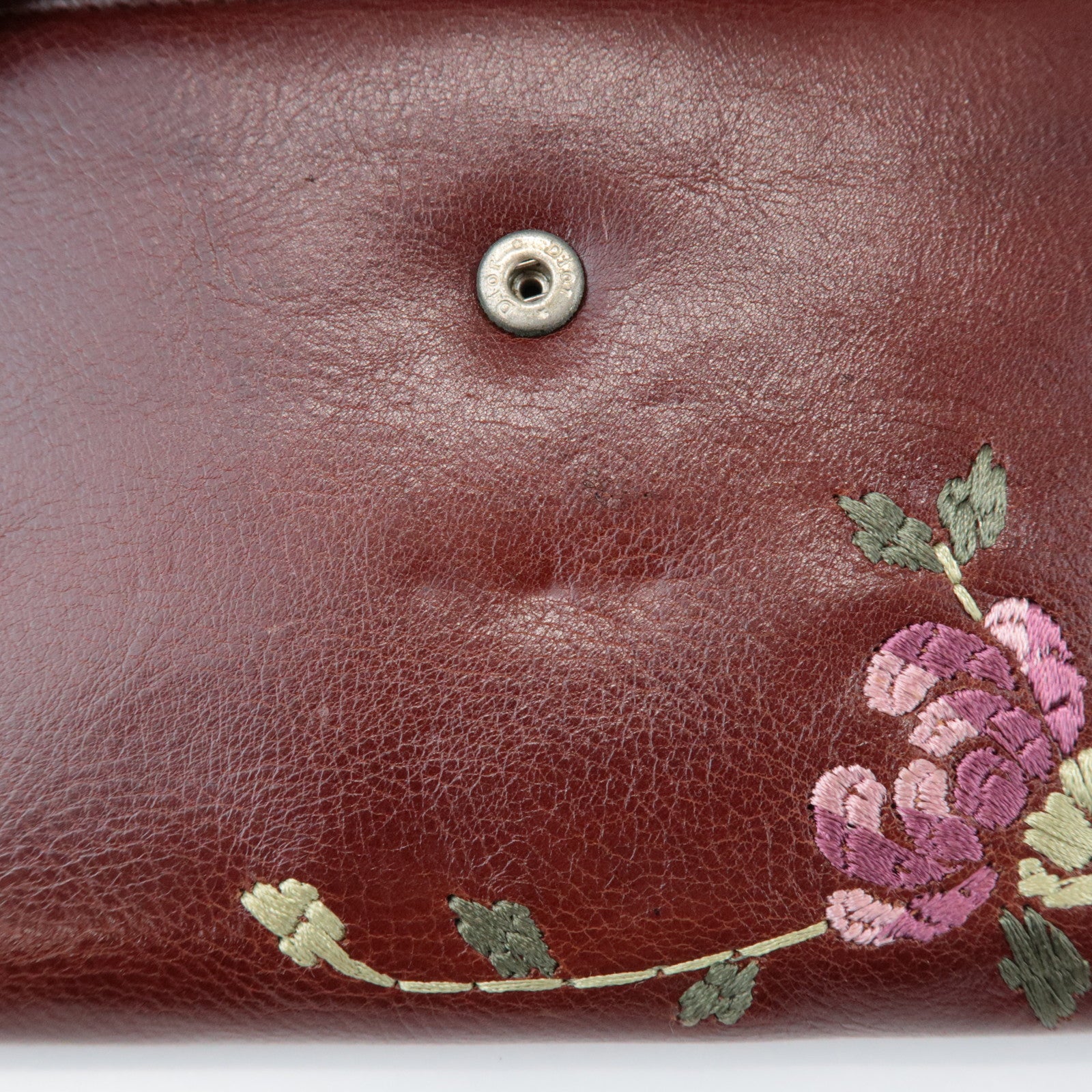 Christian Dior Leather Flower Embroidery Motif Compact Wallet Brown
