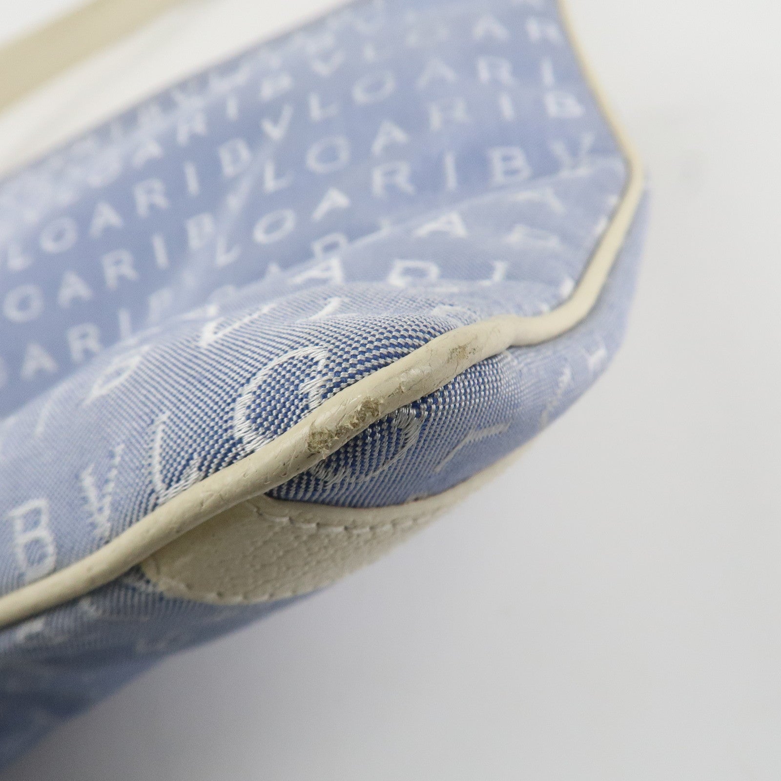 BVLGARI Logo Mania Leather Canvas Shoulder Bag Ivory Light Blue Used