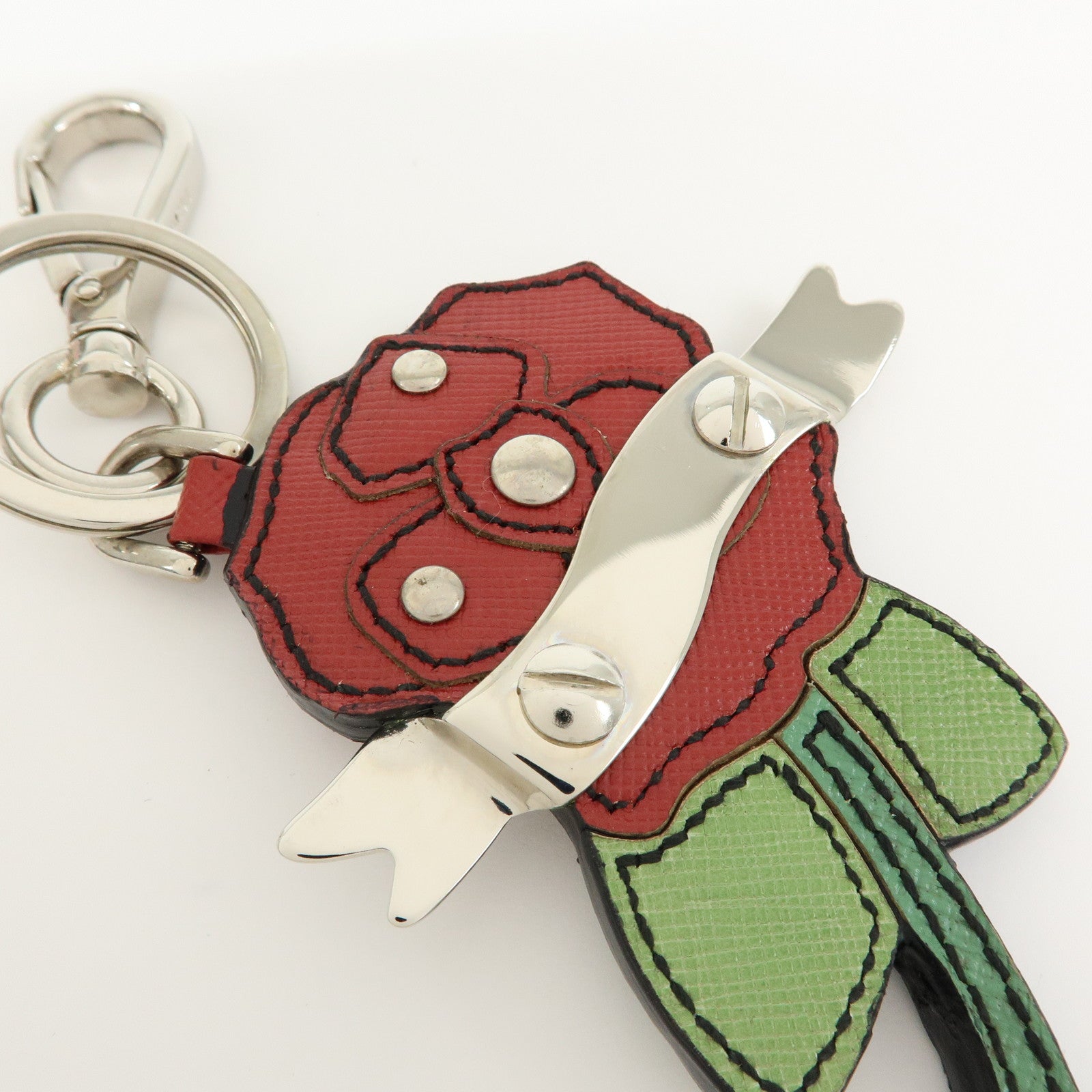 PRADA Saffiano Leather Rose Motif Bag Charm Key Holder Red 1AR290