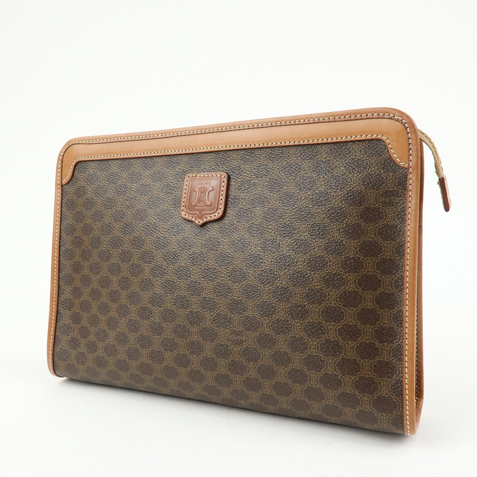CELINE Macadam PVC Coated Canvas Leather Clutch Bag Pouch Brown