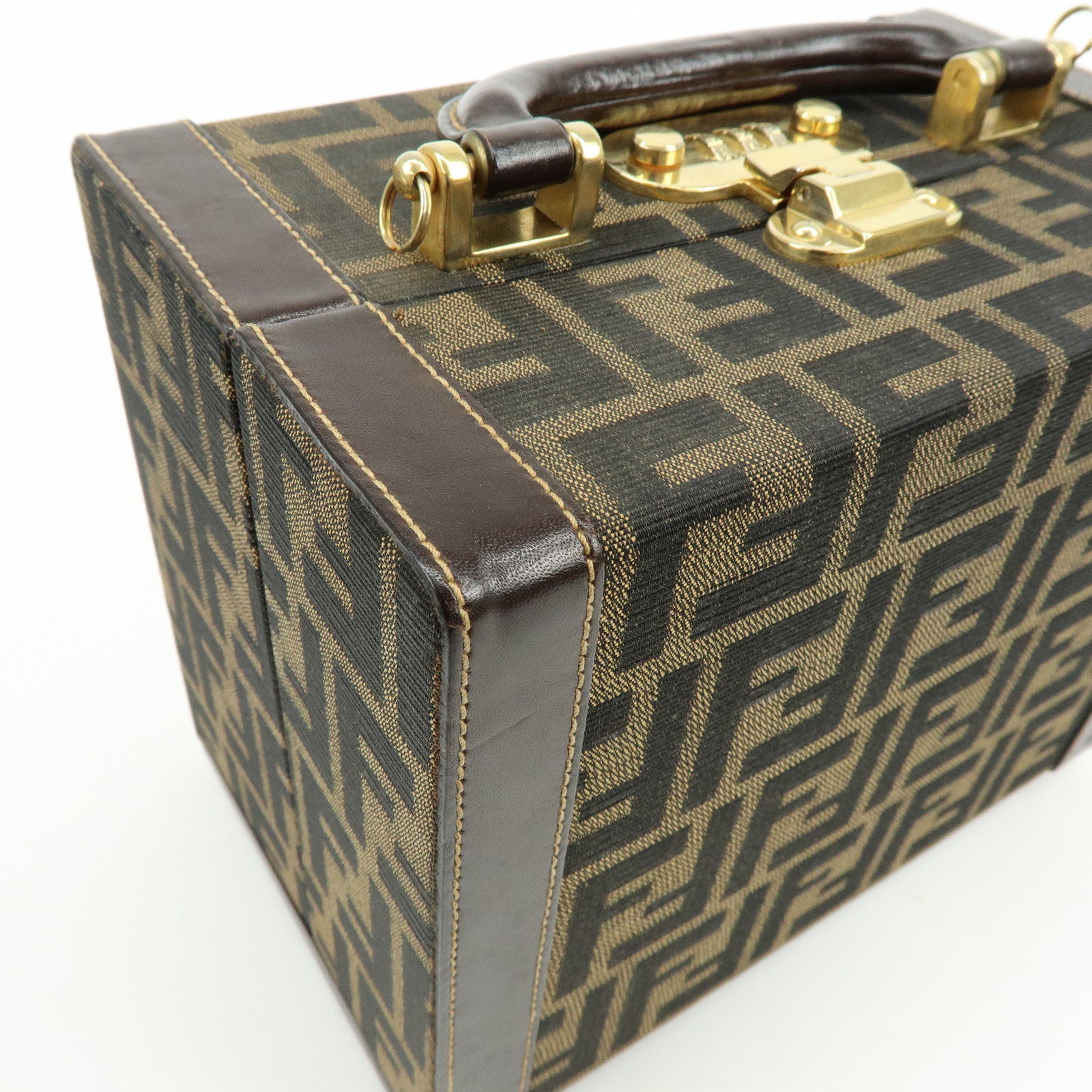 FENDI Zucca Canvas Leather Hand Bag Jewelry Box Brown Black