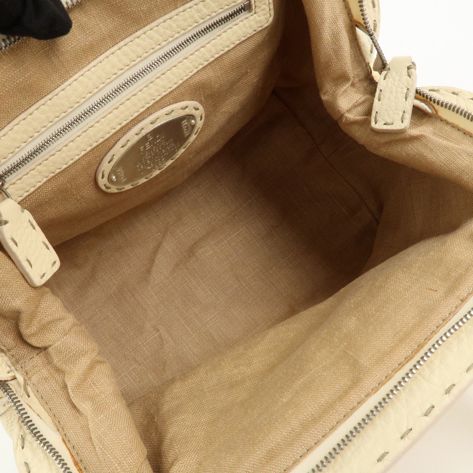 FENDI Selleria Leather Boston Bag Hand Bag Cream 8BN127