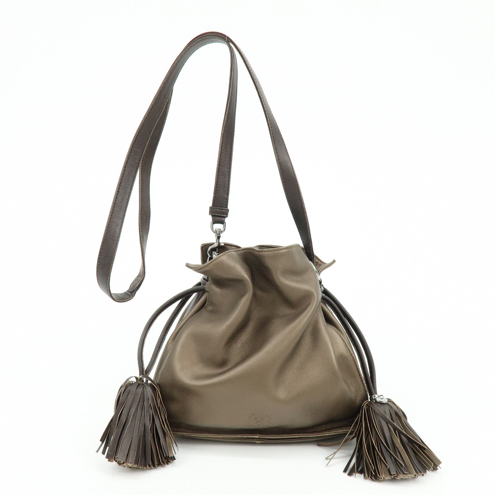 LOEWE Anagram Nappa Leather Drawstring Fringe Shoulder Bag Brown