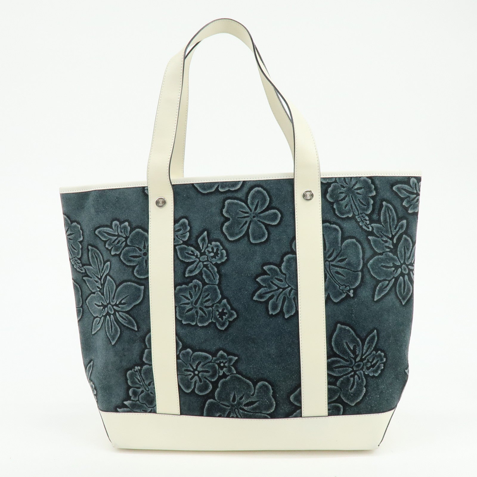 CELINE Hibiscus Motif Suede Leather Tote Bag Gray Ivory