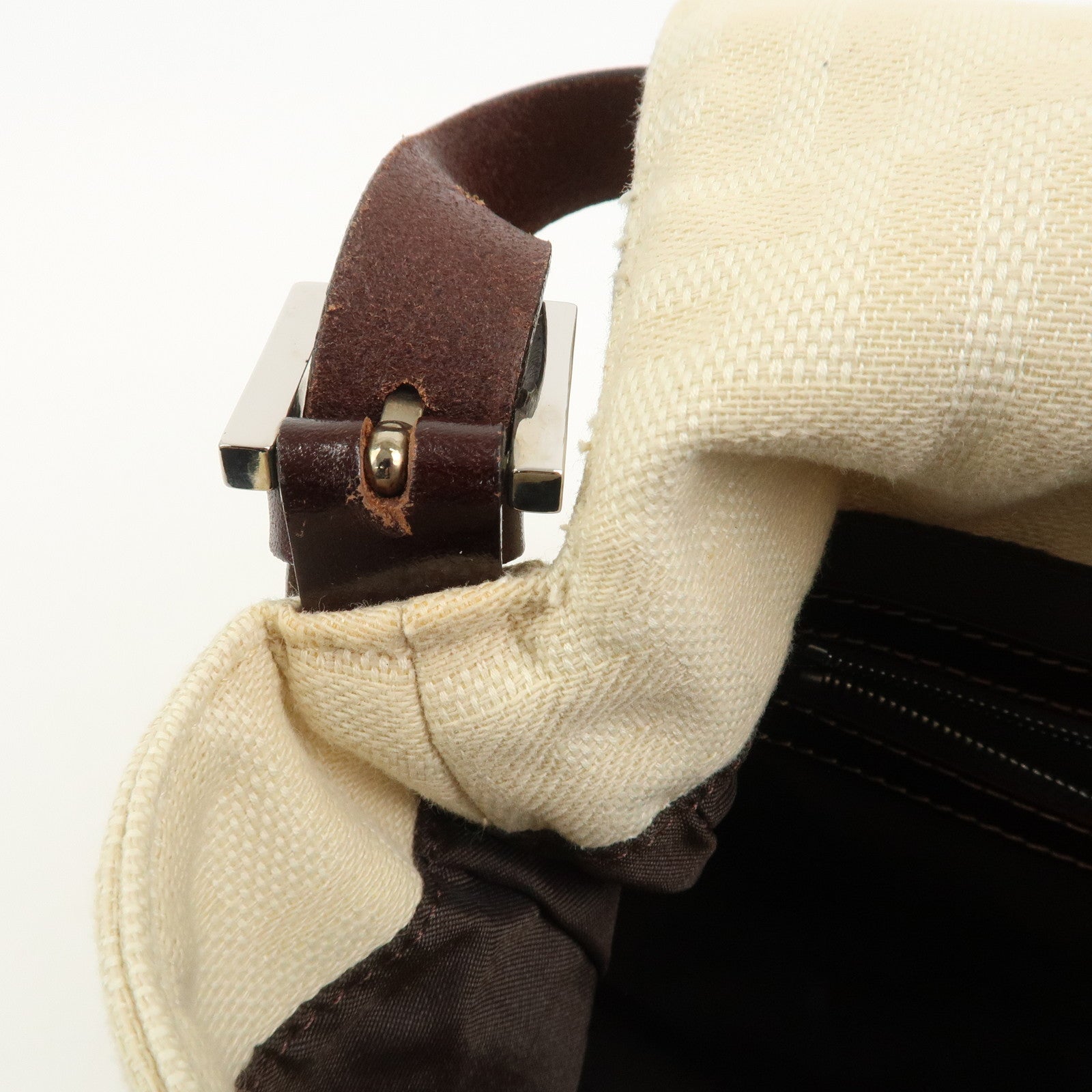FENDI Mamma Baguette Canvas Leather Shoulder Bag Ivory 26325