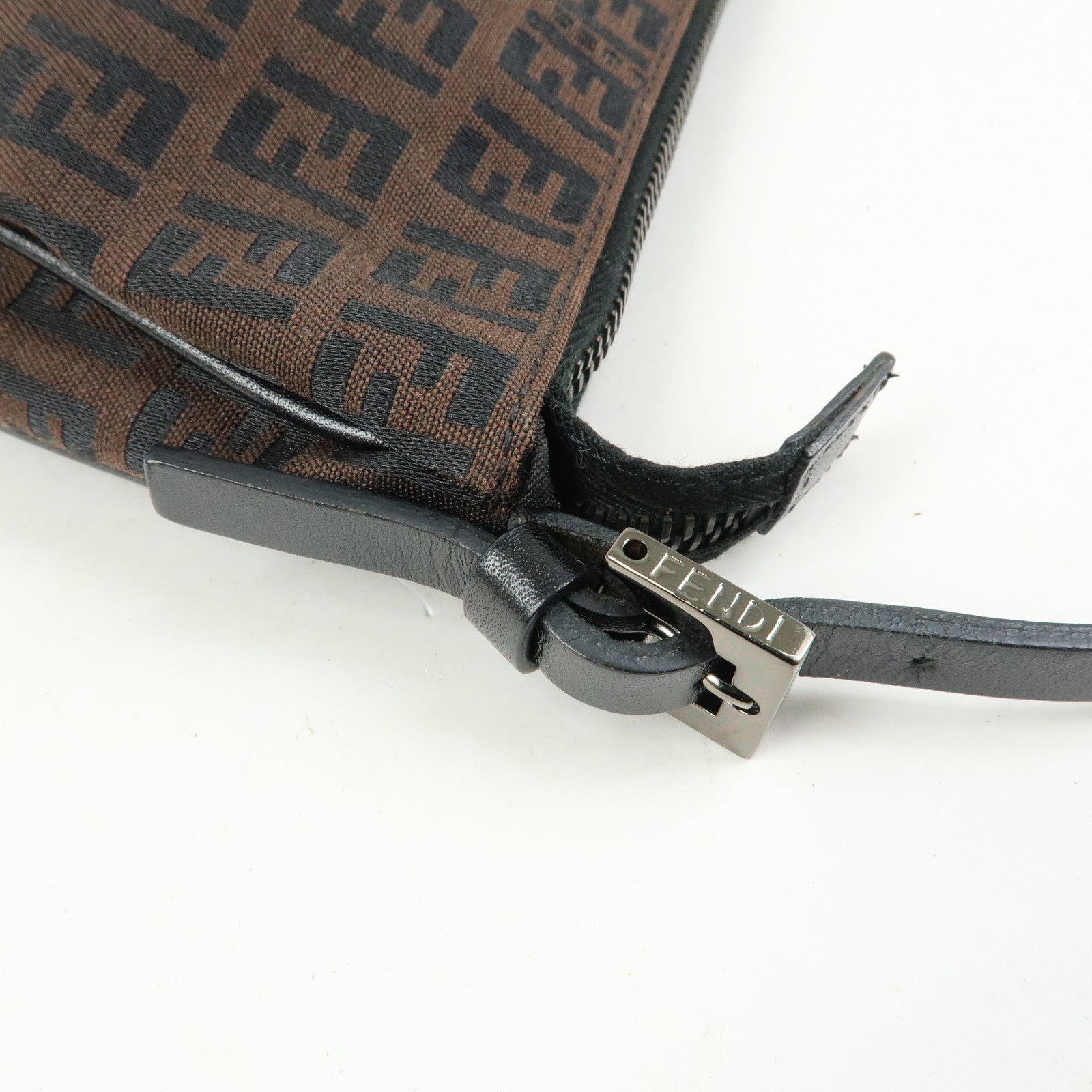 FENDI Zucchino Canvas Leather Hand Bag Brown Black 8BR1440