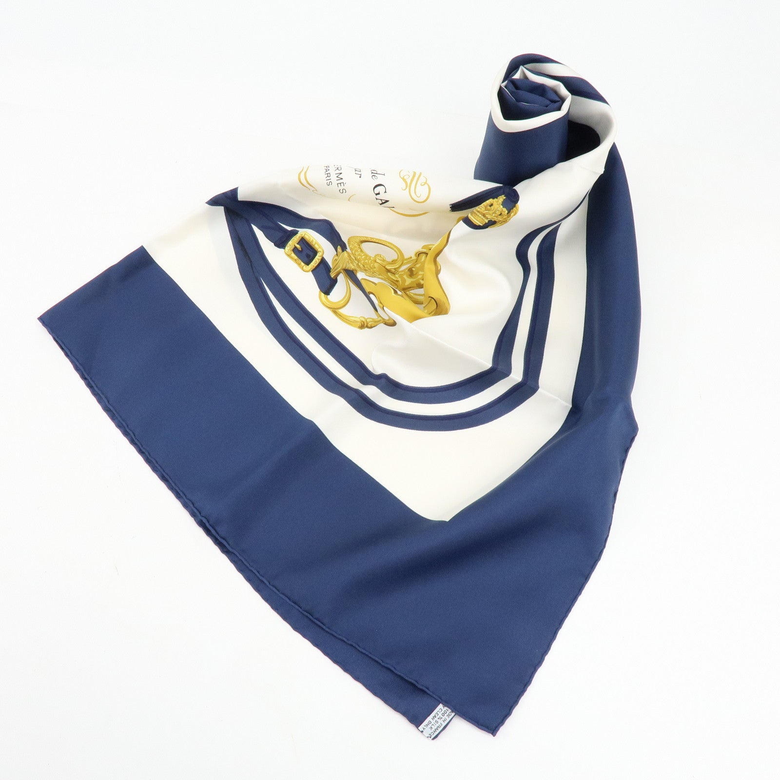 HERMES Carre 90 Silk 100% Scarf BRIDES DE GALA Navy Gold