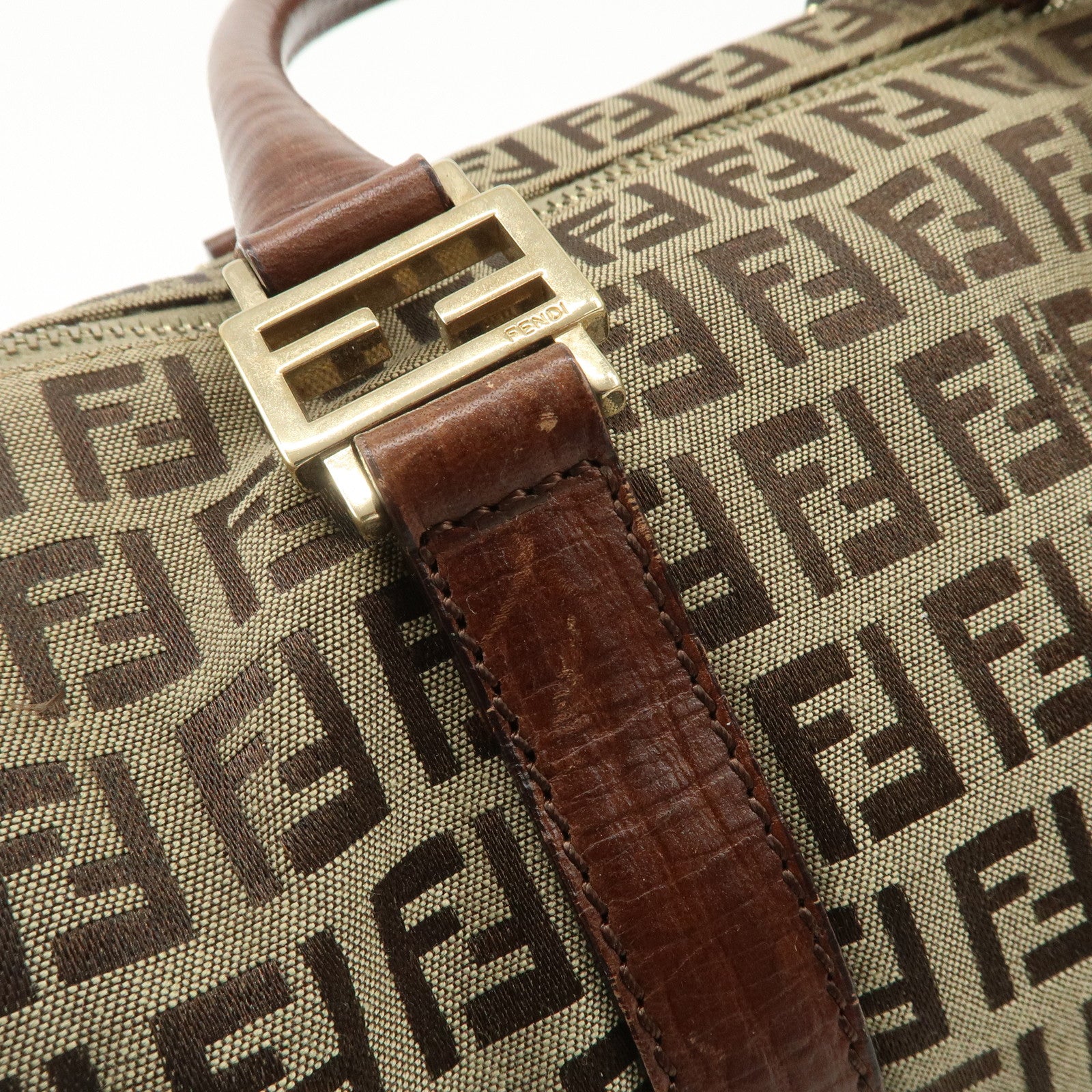 FENDI Zucchino Canvas Leather Boston Bag Brown Beige 8BL068 Used