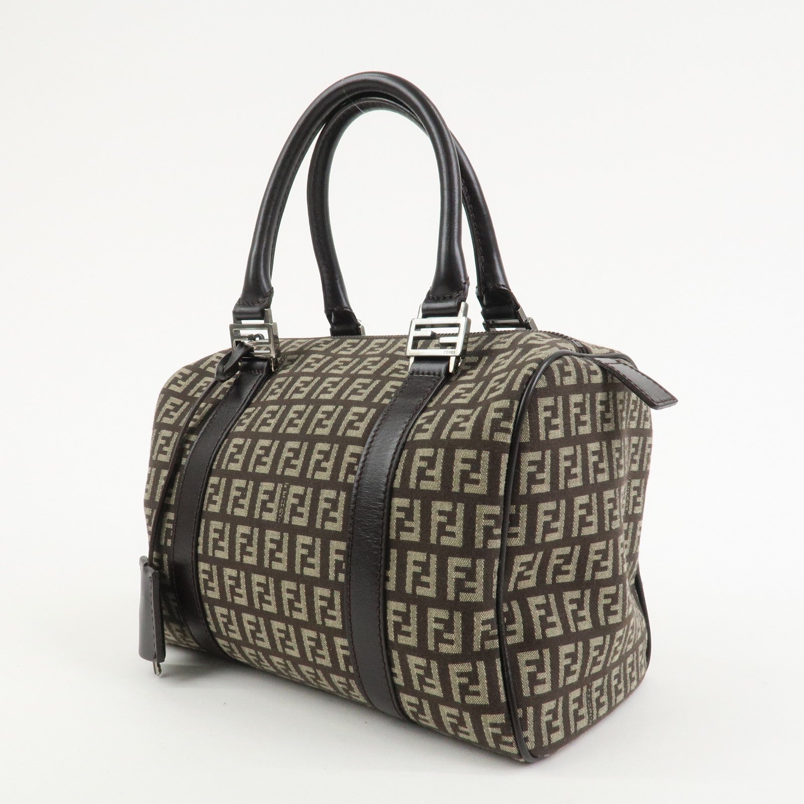 FENDI Zucchino Canvas Leather Hand Bag Boston Bag Brown 8BL068