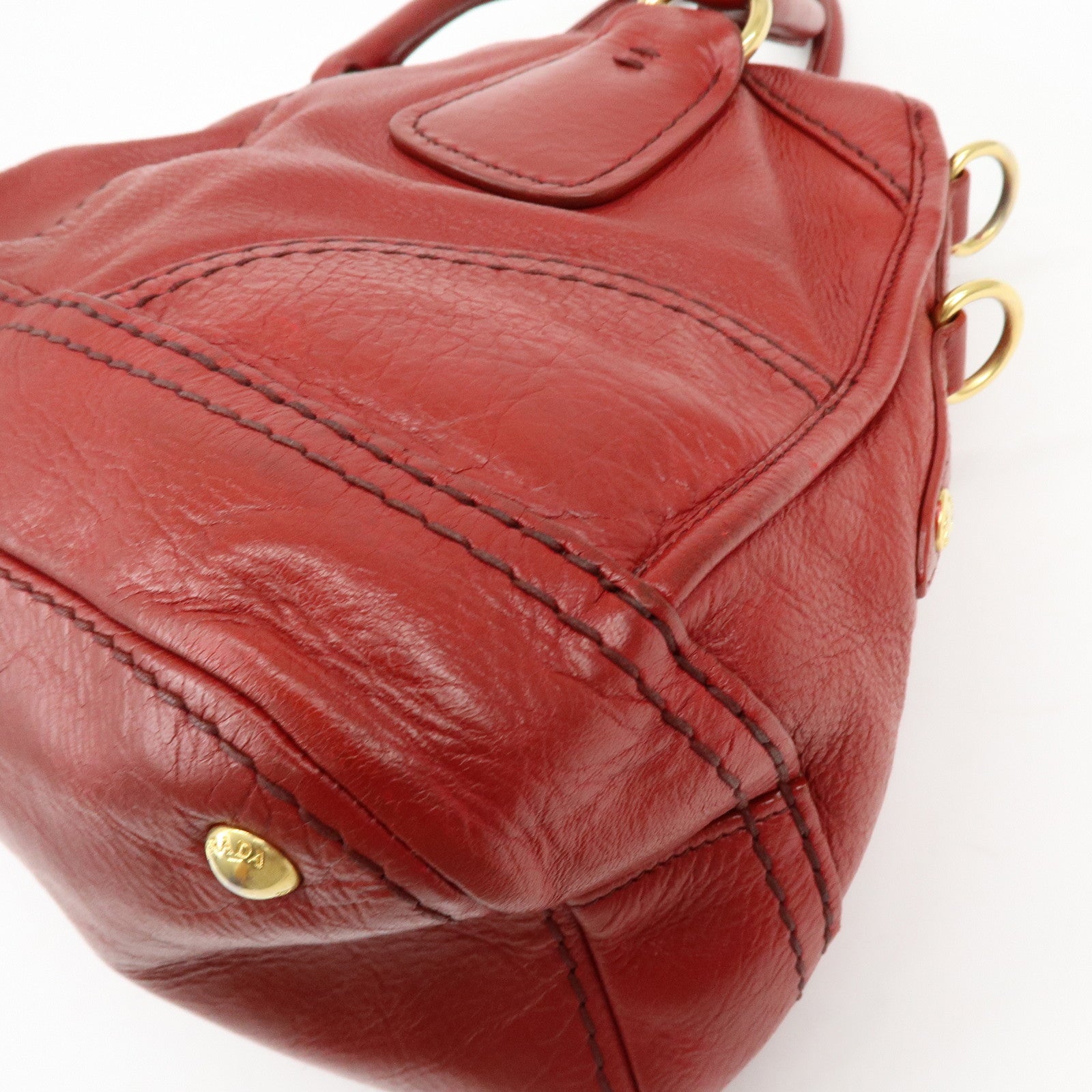 PRADA Cervo Shine Leather Bowler Bag 2Way Tote Bag Red BL0688