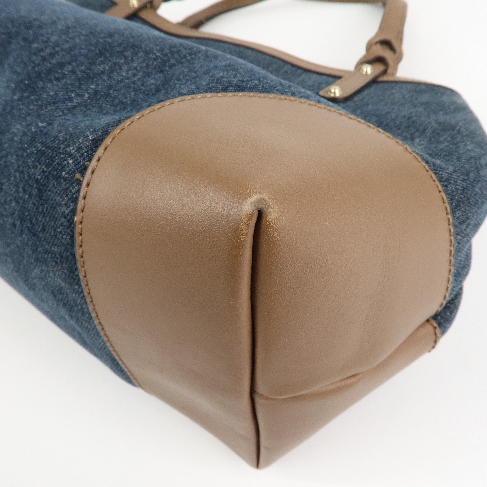 GUCCI Craft Denim Leather Tote Bag Hand Bag Navy Brown 348715