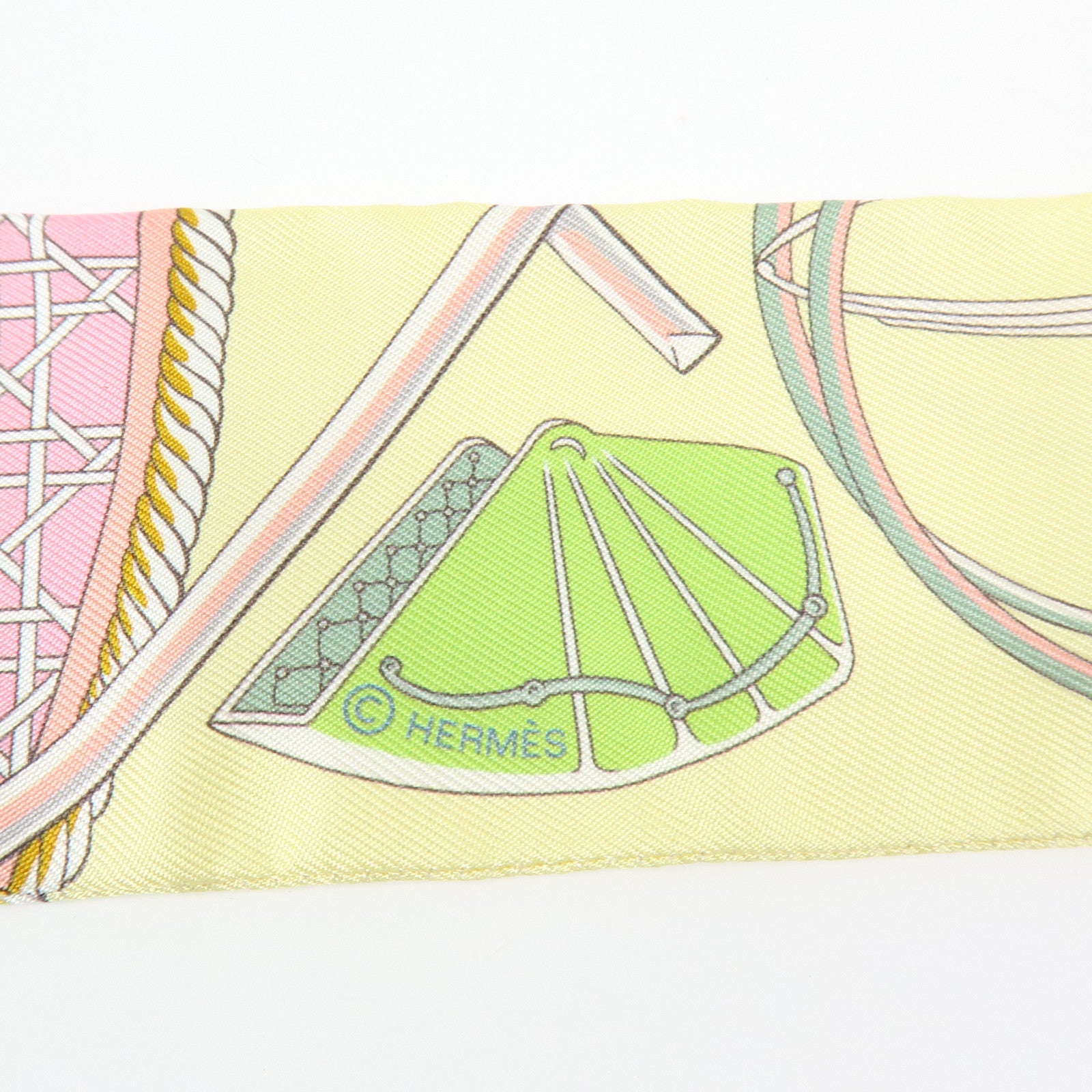 HERMES Silk 100% Twilly Les Voitures a Transformation Yellow Pink