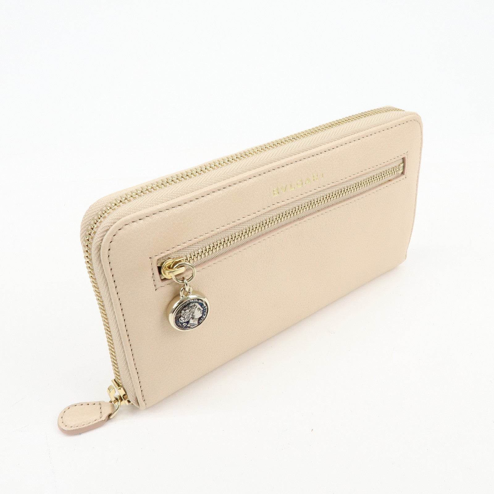 BVLGARI Logo Leather Round Zippy Long Wallet Pink Beige