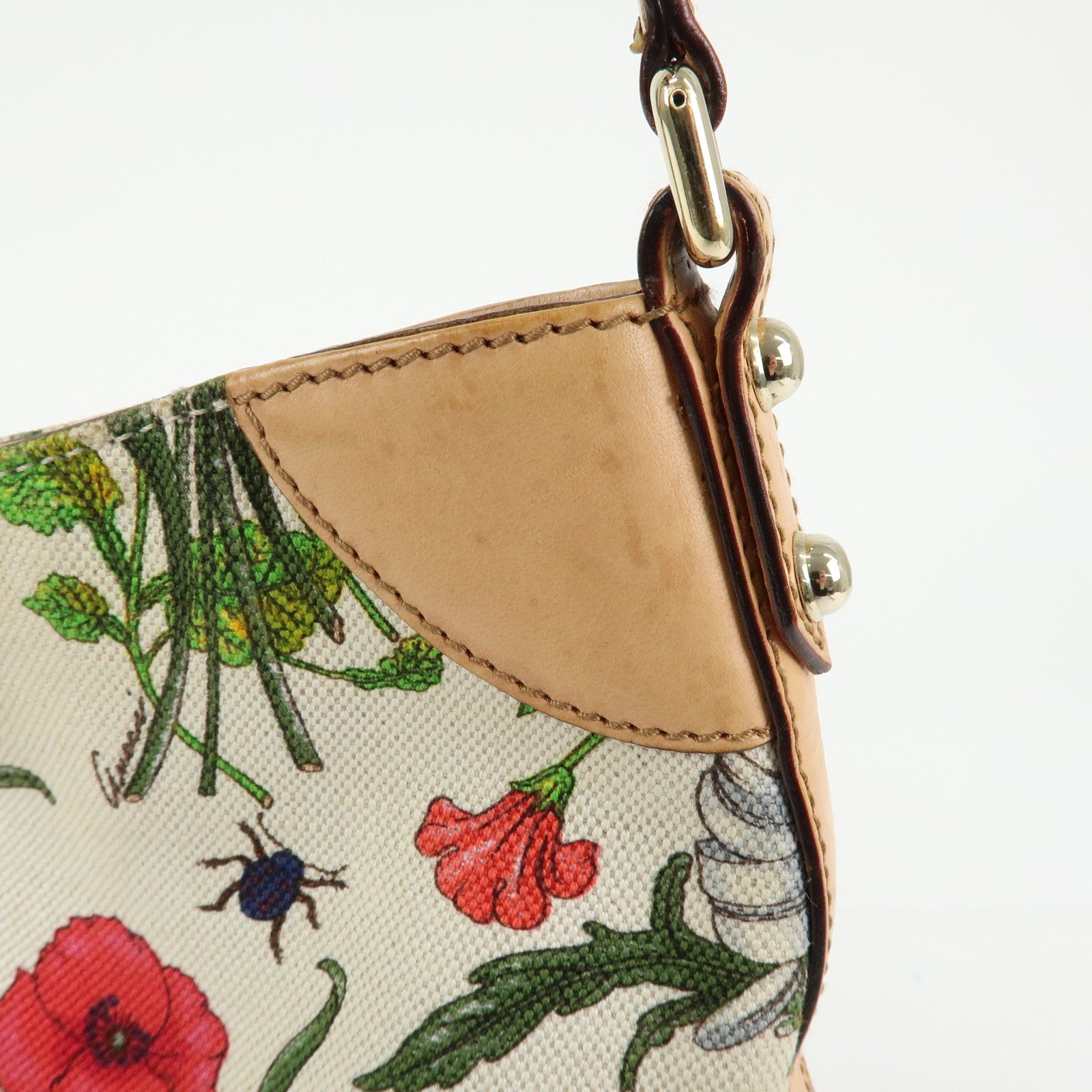 GUCCI Horsebit Flora Leather Canvas Shoulder Bag Beige White 137388