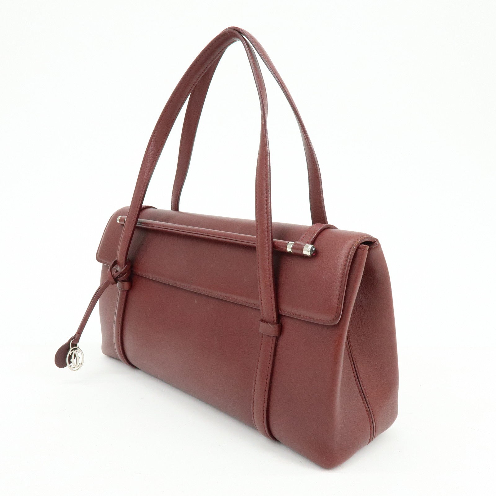 Cartier Cabochon Leather Hand Bag Tote Bag Wine Red