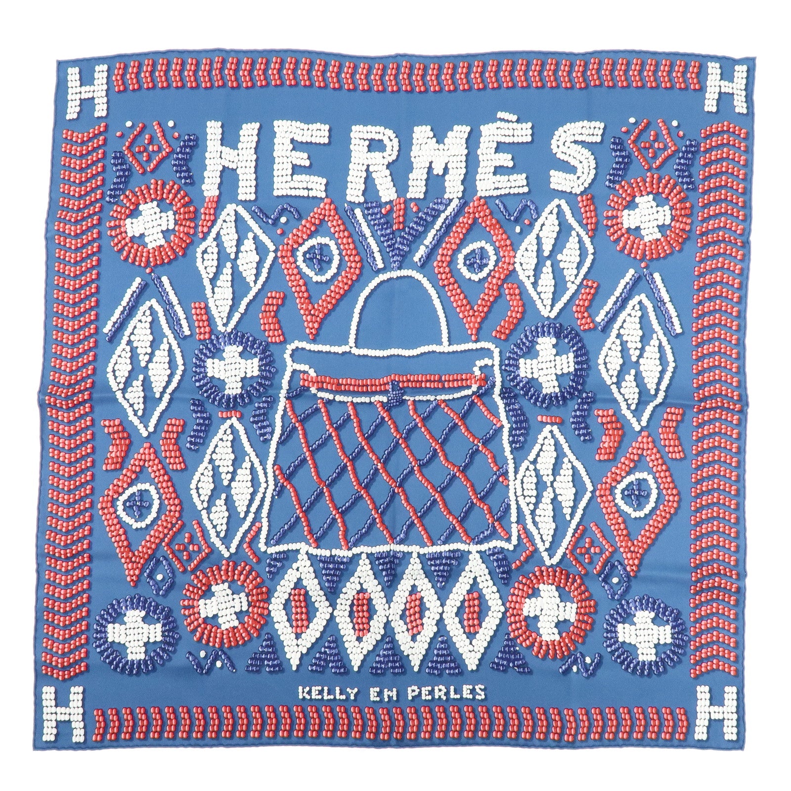 HERMES Carre 65 Silk 100% Scarf KELLY EN PERLES Pearl Print Blue