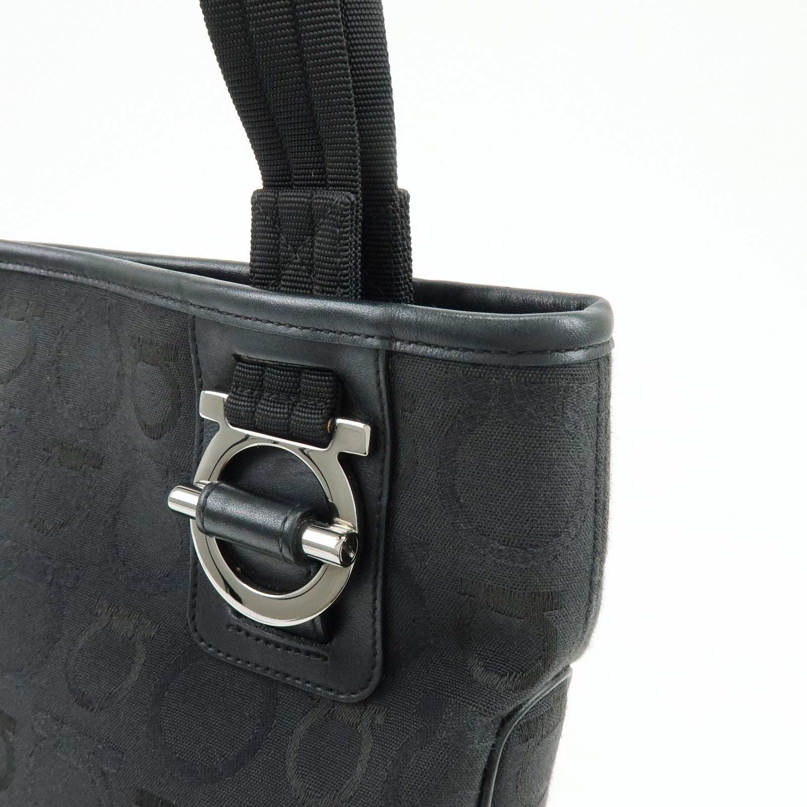 Ferragamo Gancini Canvas Leather Tote Bag Shoulder Bag Black