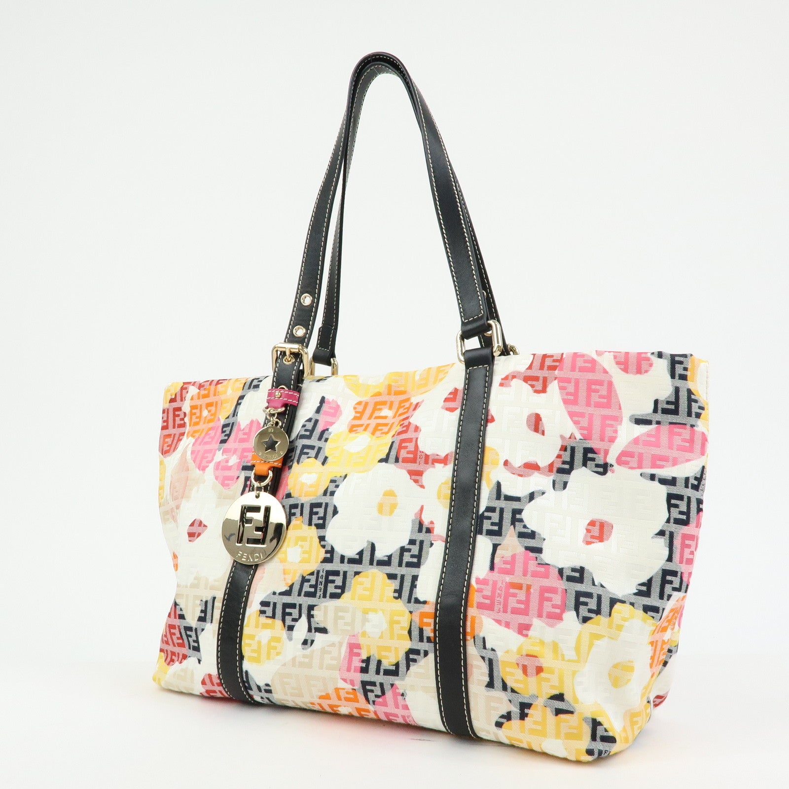 FENDI Zucchino Canvas Leather Flower Tote Bag Shoulder Bag 8BH215