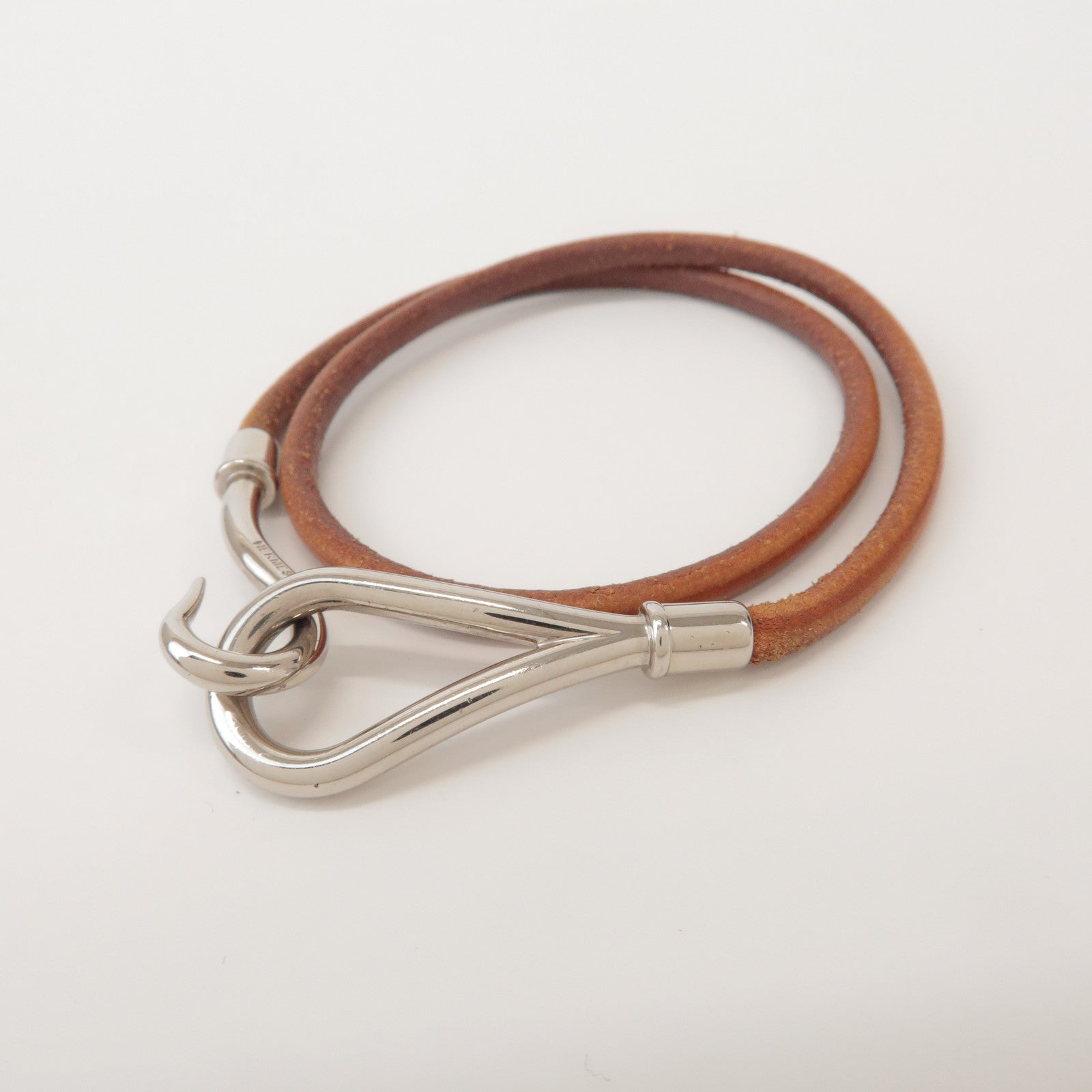 HERMES Jumbo Choker Leather Metal Bracelet Brown Silver