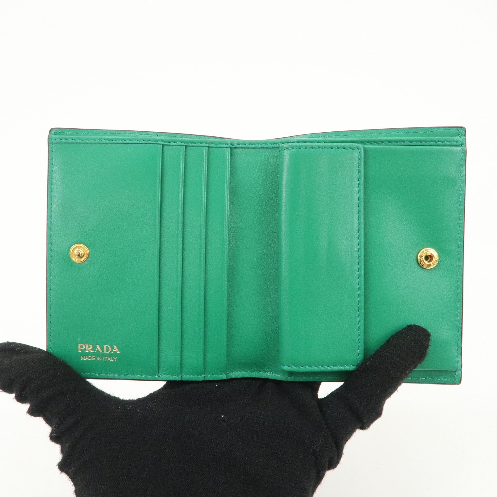 PRADA Leather Compact Wallet Floral Print Green Gold HDW 1MV204 Used