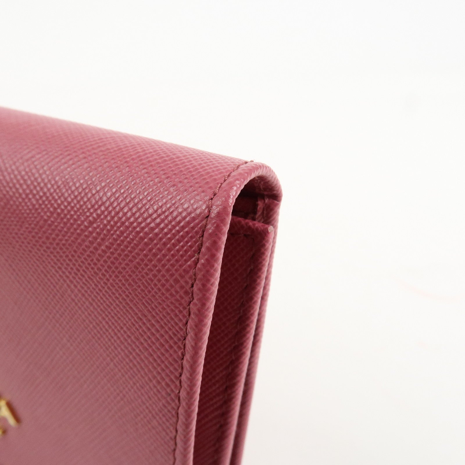 PRADA Logo Saffiano Leather Tri-fold Compact Wallet Pink 1M0176 Used