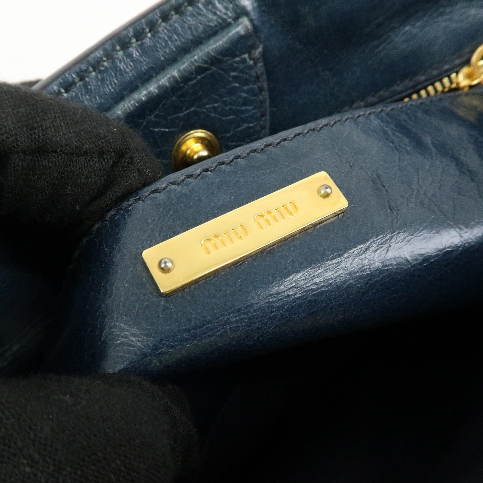 MIU MIU Logo Leather 2Way Bag Hand Bag Shoulder Bag Navy