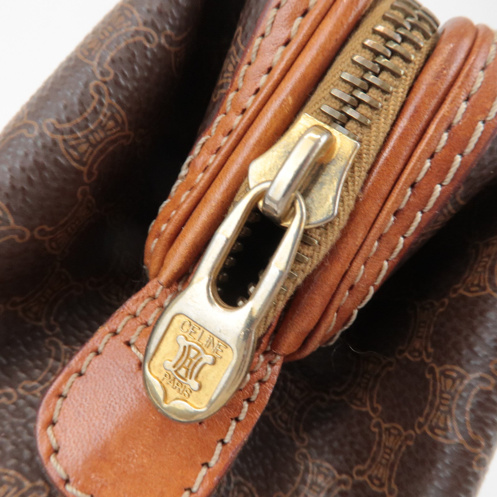 CELINE Macadam PVC Leather Canvas Pouch Brown Gold Hardware