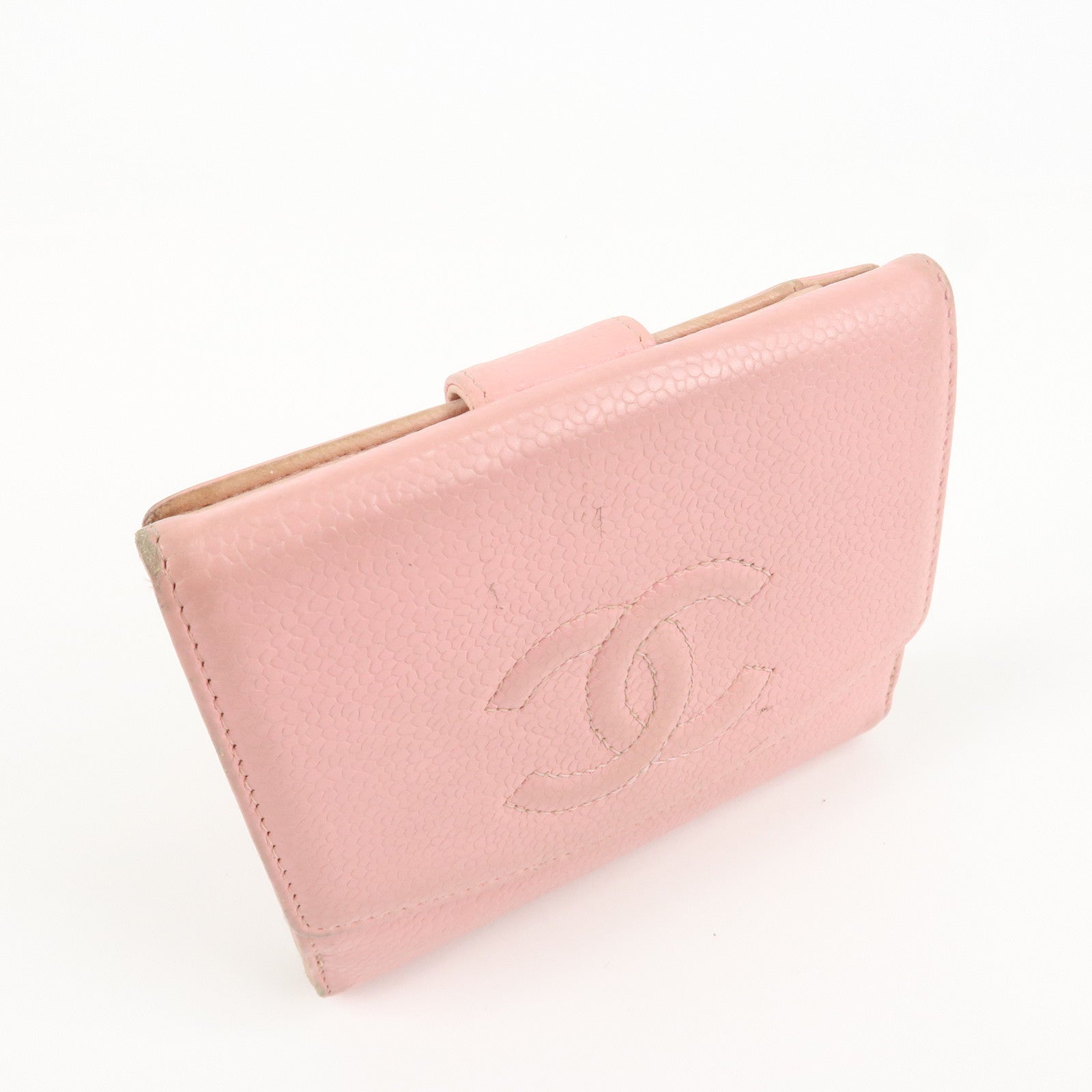 CHANEL COCO Mark Caviarskin Double Hook Wallet Pink A13496 Used