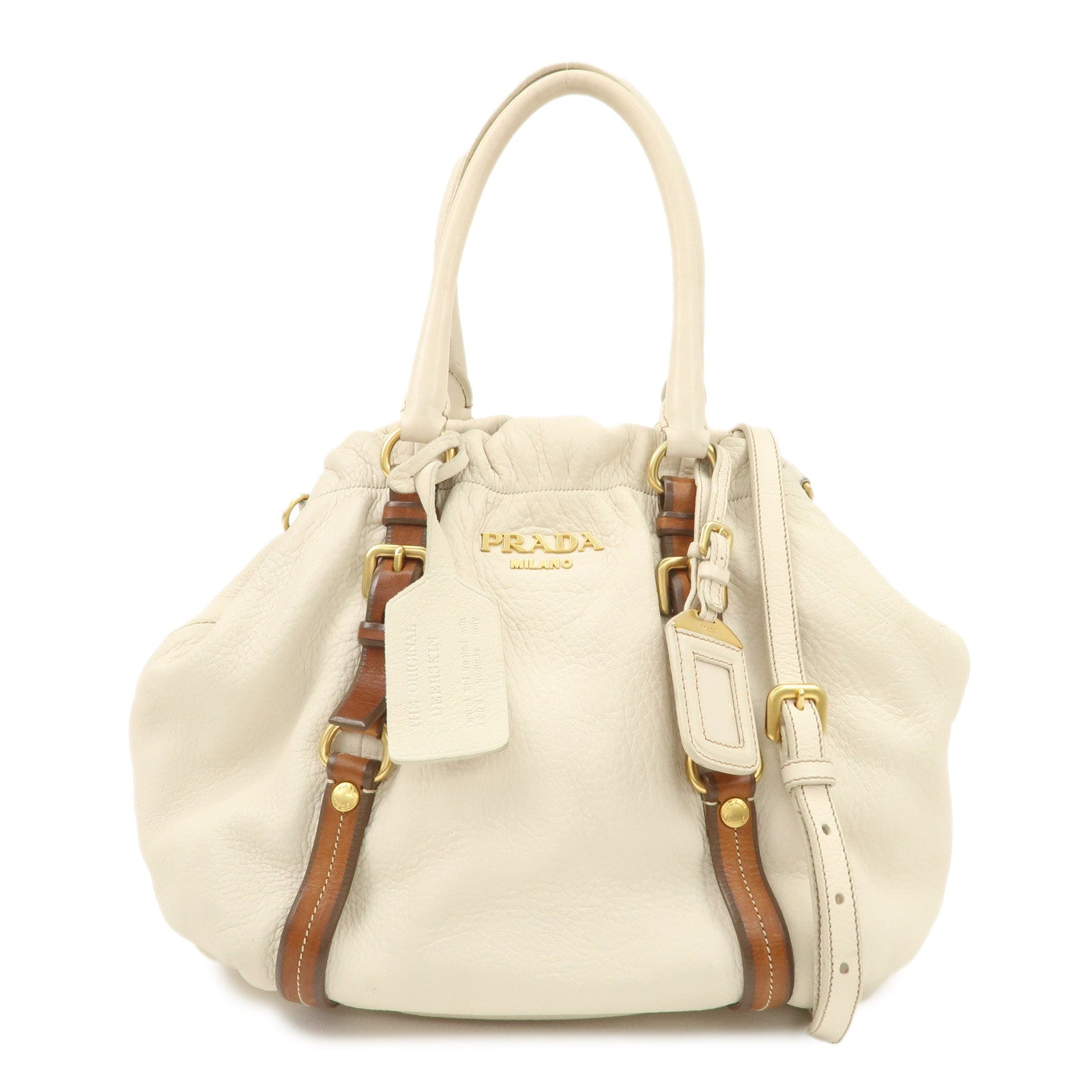 PRADA Leather 2Way Bag Tote Bag Brown White BN1773 Used