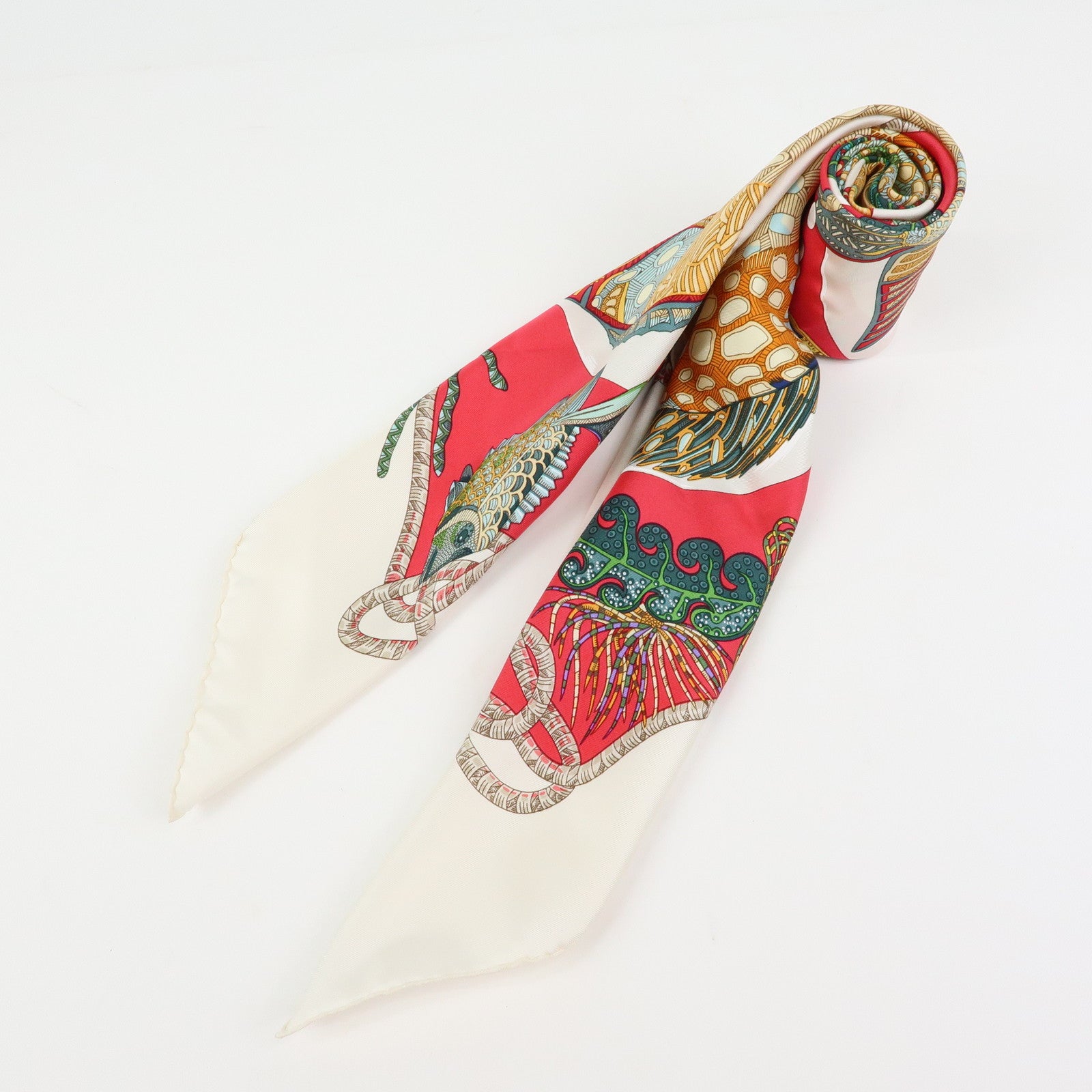 HERMES Carre 90 Silk 100% GRANDS FONDS Red White Multi Color
