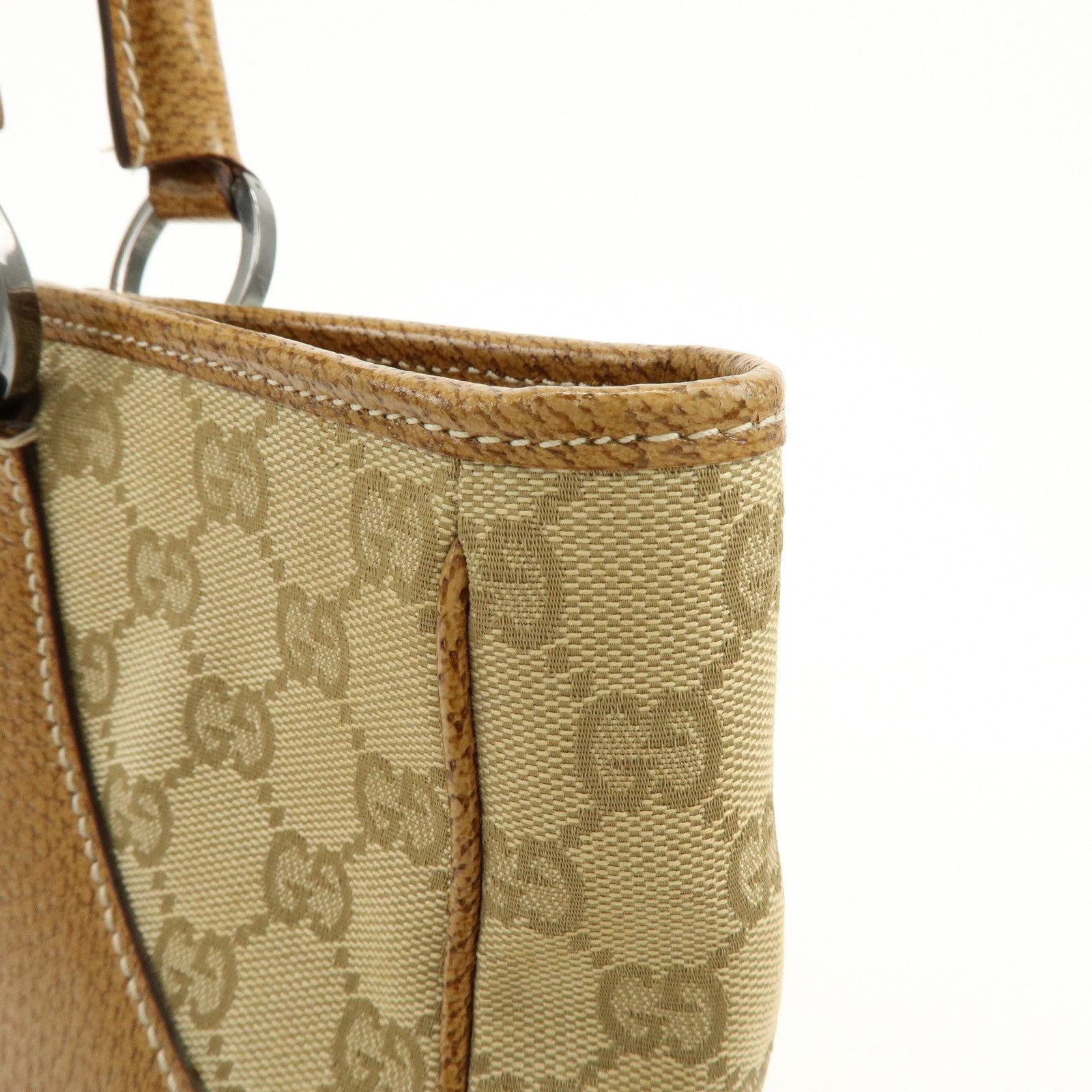 GUCCI GG Canvas Leather Tote Bag Hand Bag Beige Camel 113011