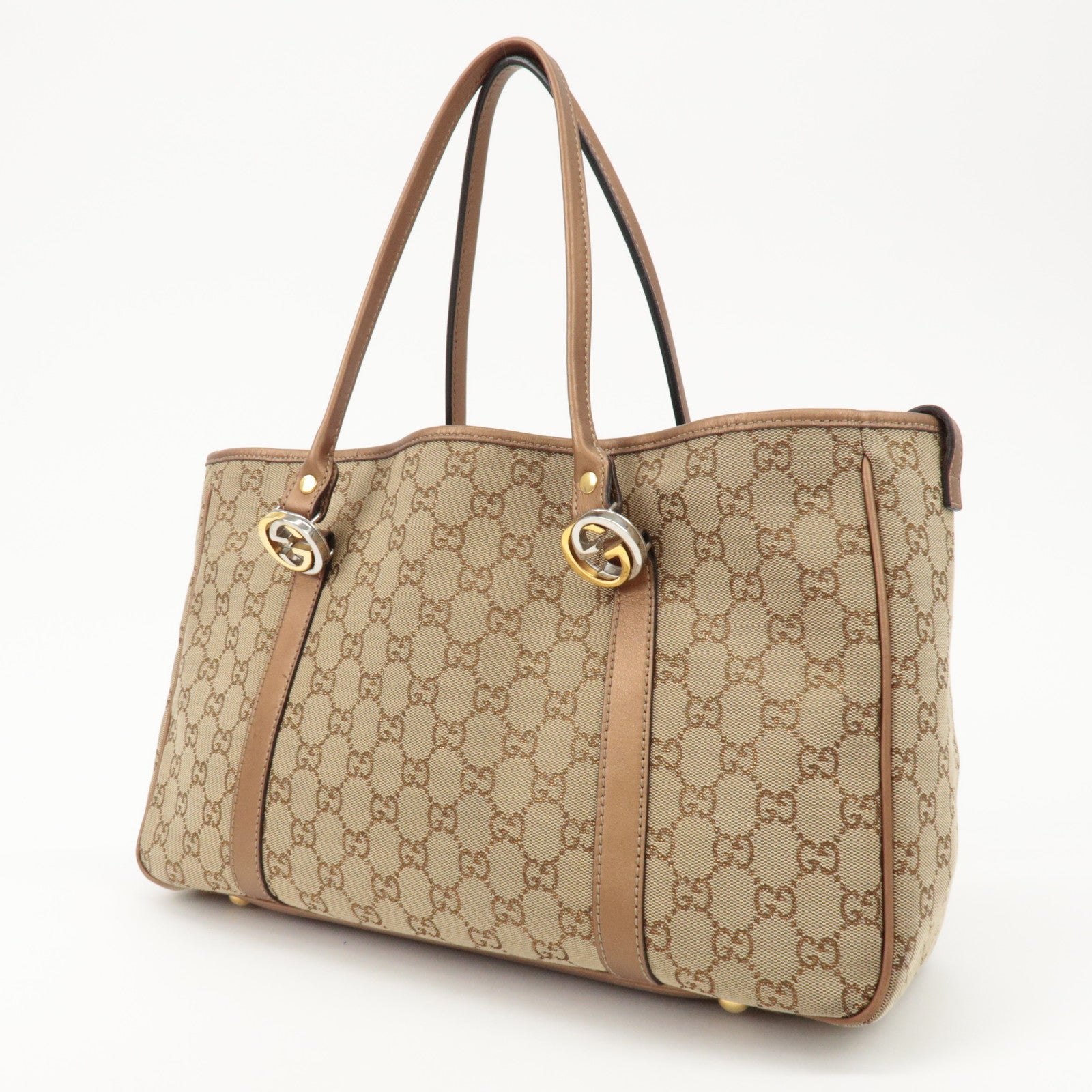 GUCCI GG Twins GG Canvas Leather Tote Bag Beige Bronze 232957 Used