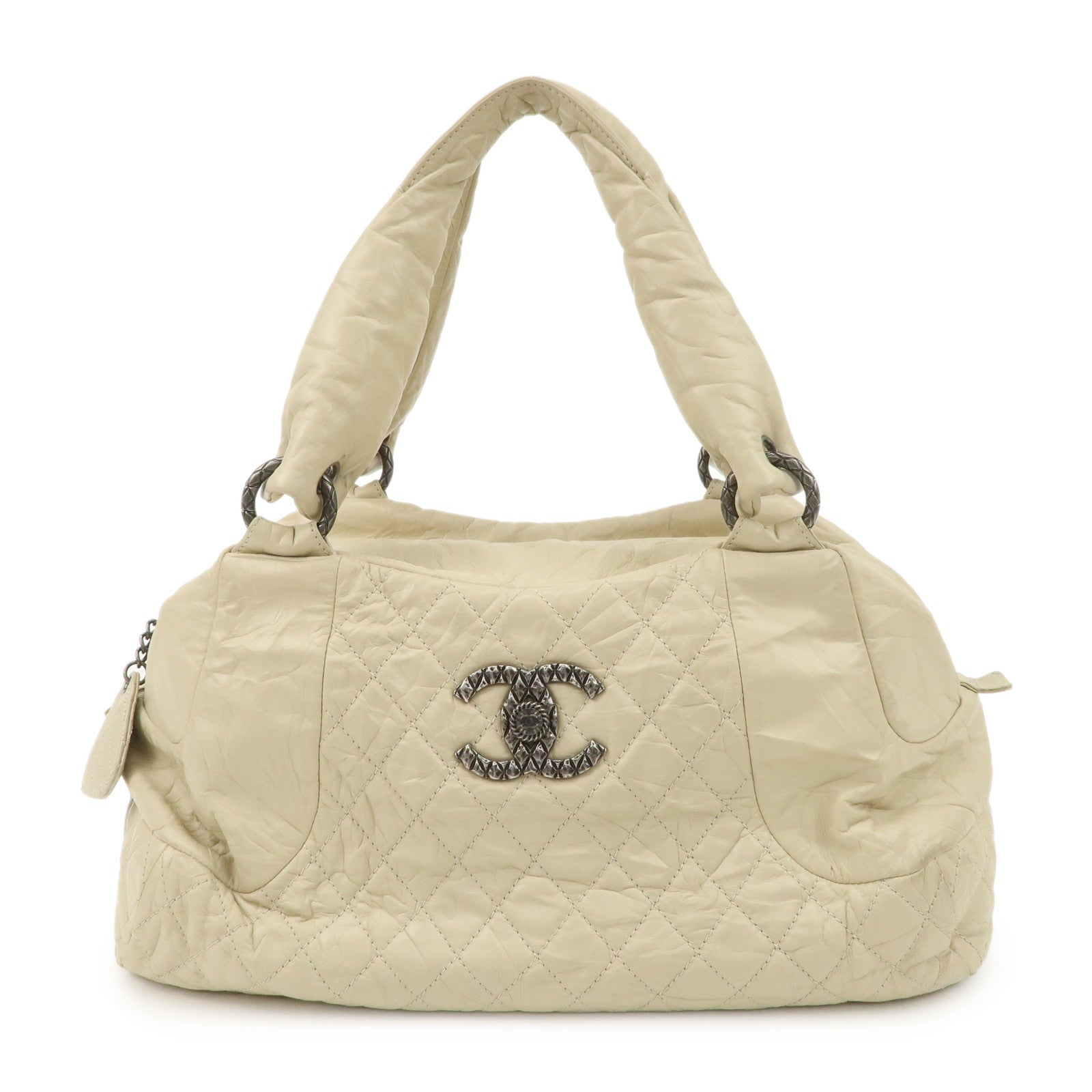 CHANEL Matelasse Leather COCO Mark Boston Bag Ivory Used