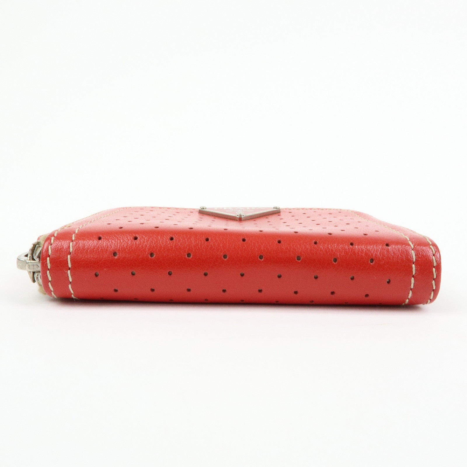 PRADA Triangle Logo Punched Leather Round Zippy Coin Case Red