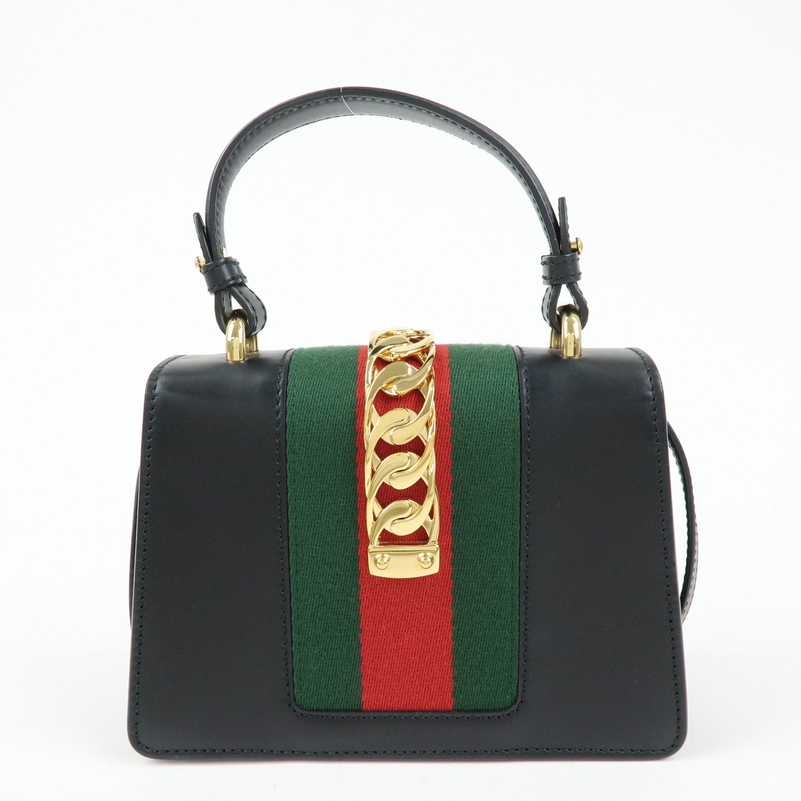 GUCCI Sylvie Sherry Leather 2Way Hand Bag Shoulder Bag Black 470270