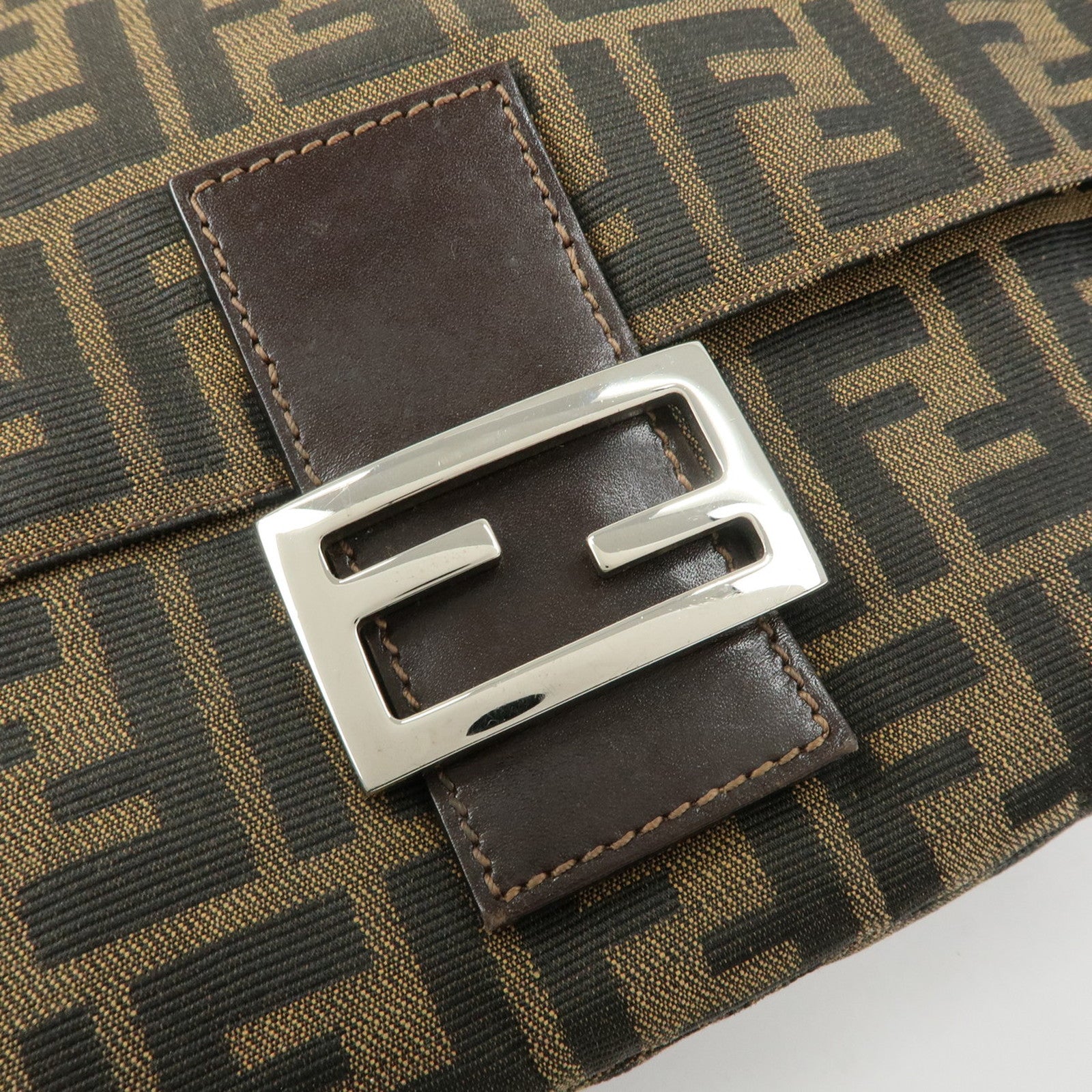 FENDI Mamma Baguette Zucca Canvas Leather Shoulder Bag Brown 26325