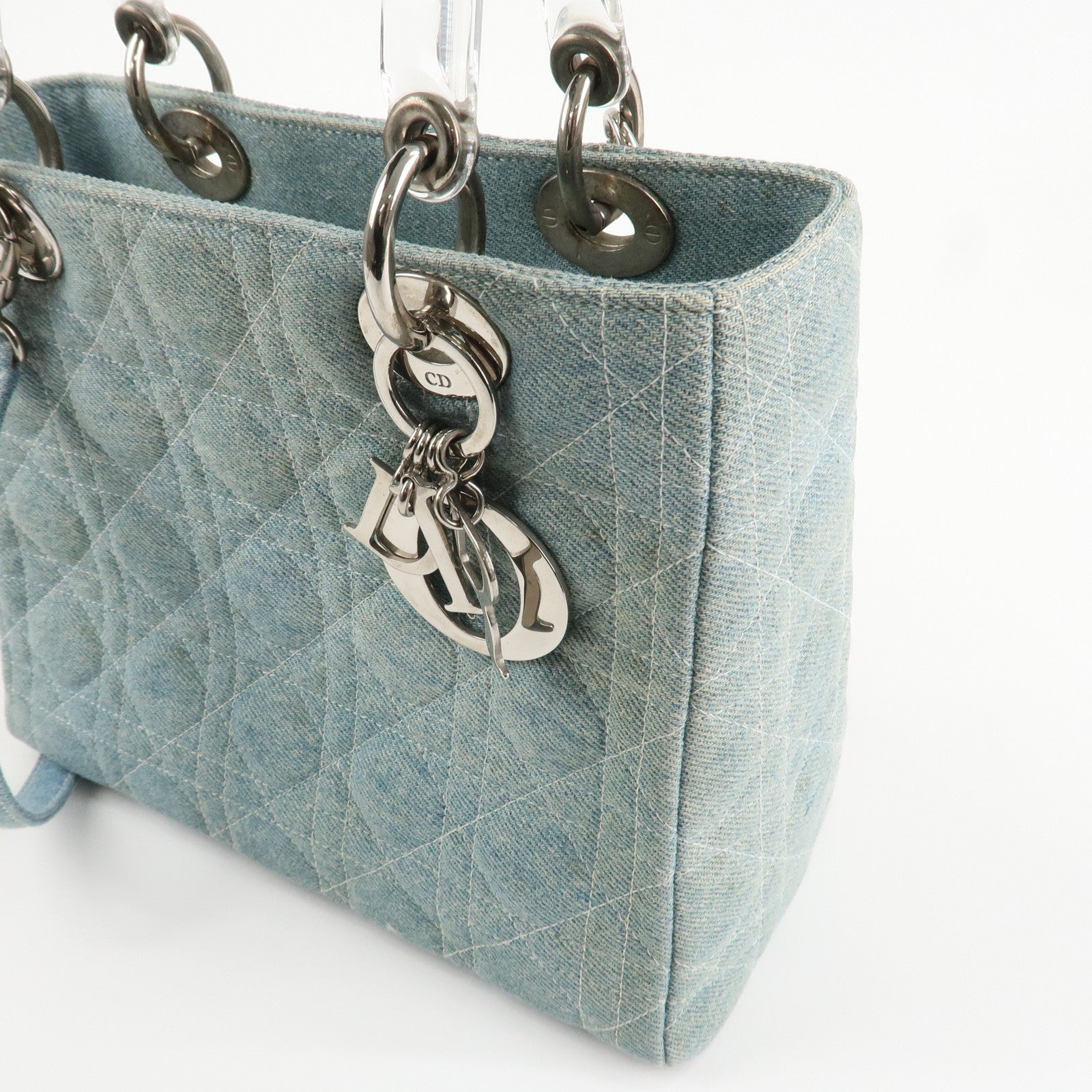 Christian Dior Lady Dior Denim 2way Hand Shoulder Bag Light Blue Used