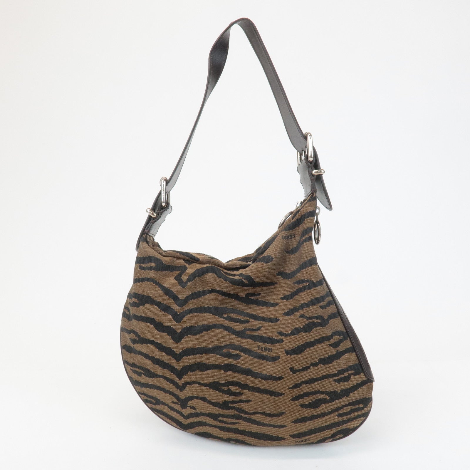 FENDI Zebra Leather Canvas Shoulder Bag Hand Bag Black Brown Used