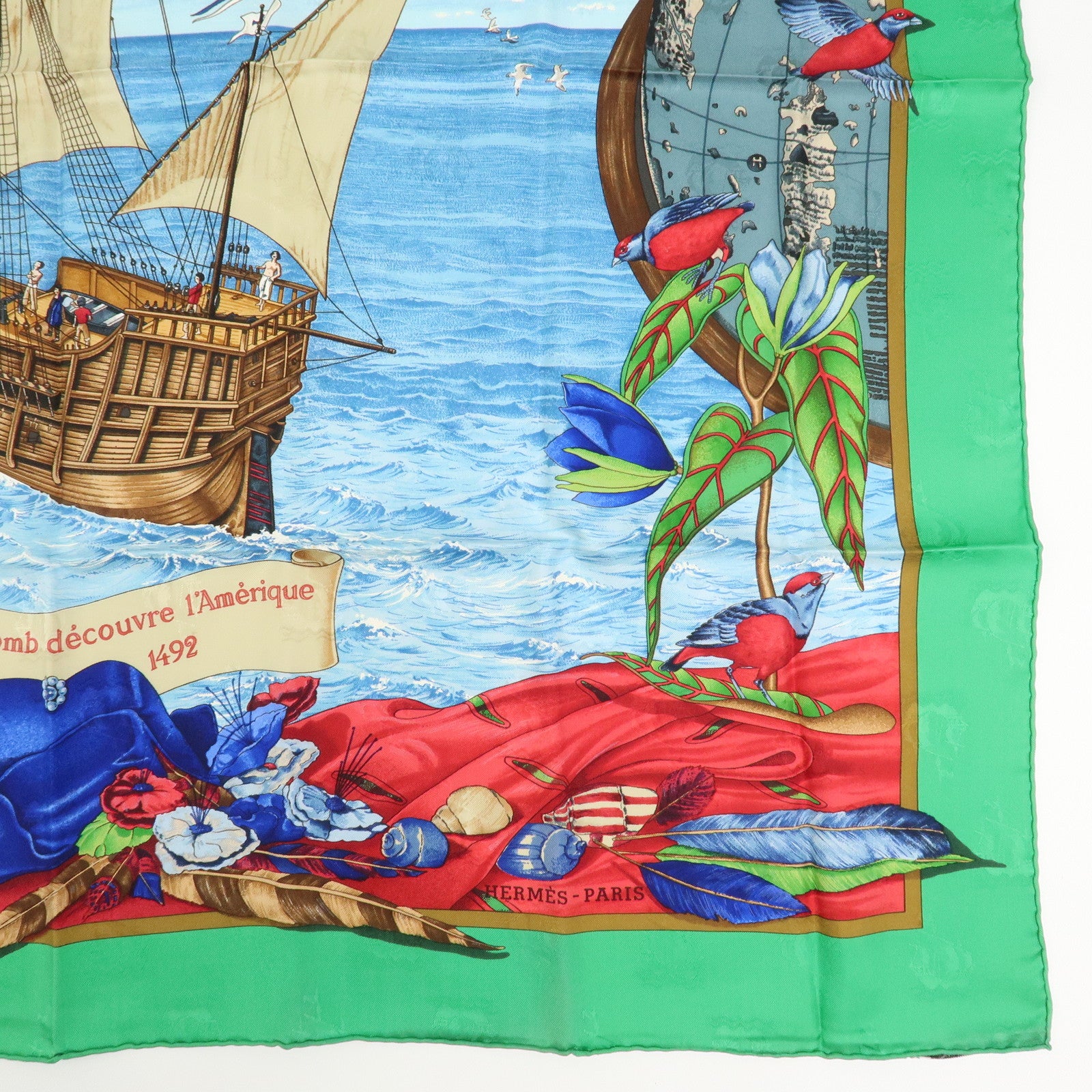 HERMES Carre 90 Silk 100% Scarf Christophe Colomb Green Blue