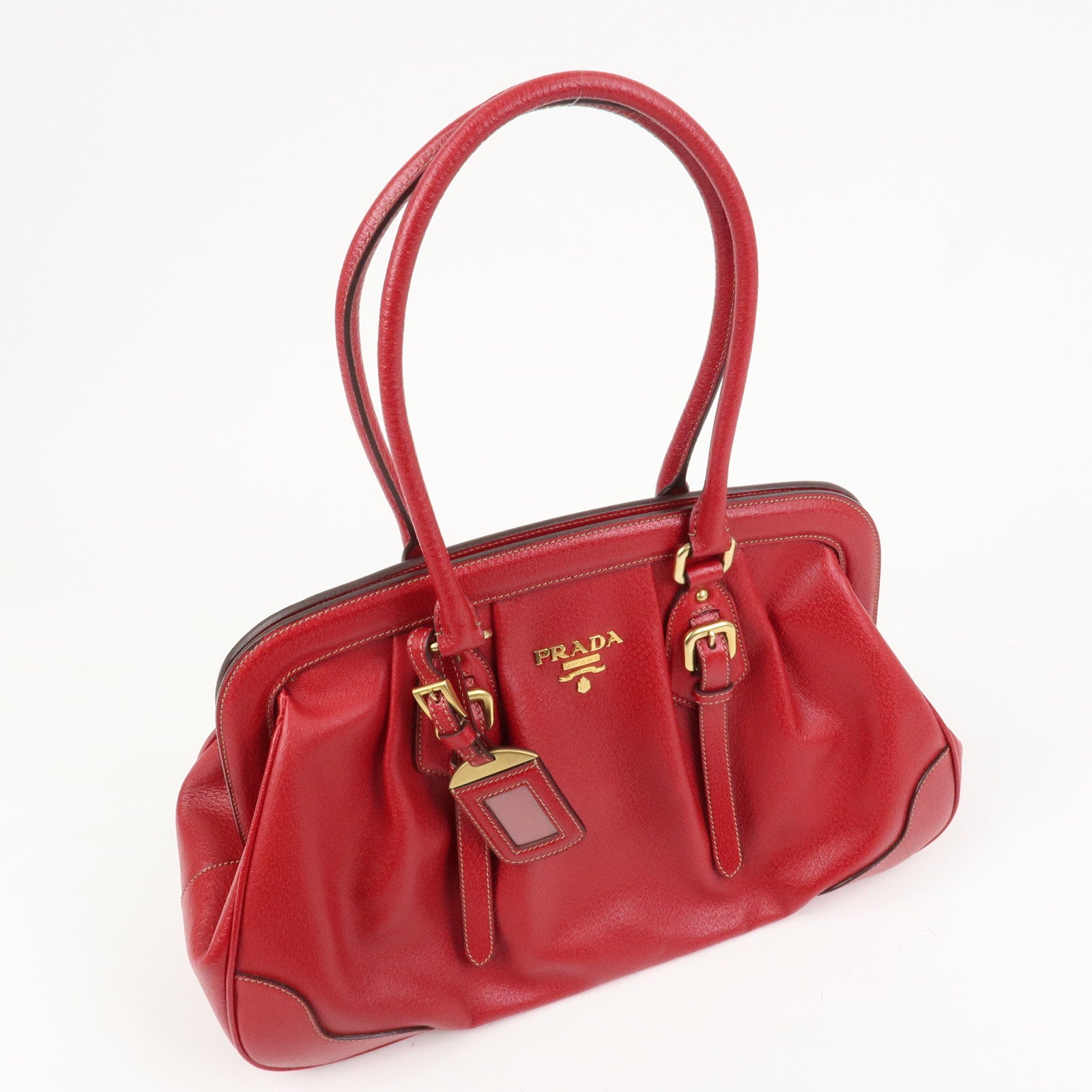 PRADA Logo Leather Hand Bag Shoulder Bag Red BR3508