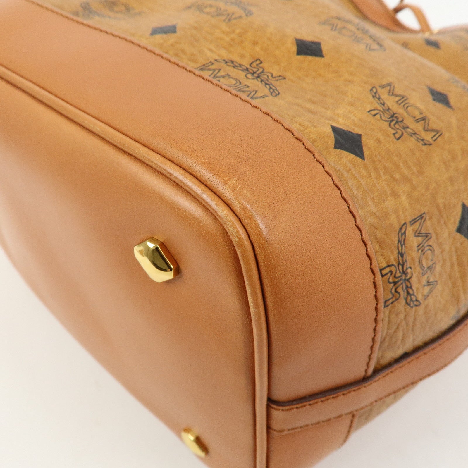 MCM Visetos Leather Bucket Bag Shoulder Bag Drawstring Brown