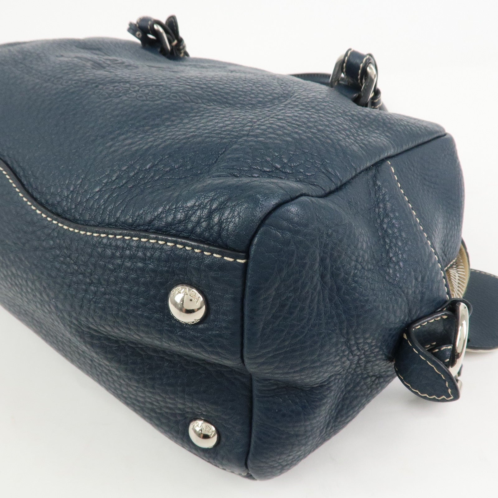 PRADA Logo Leather Boston Bag Hand Bag Navy BR3091