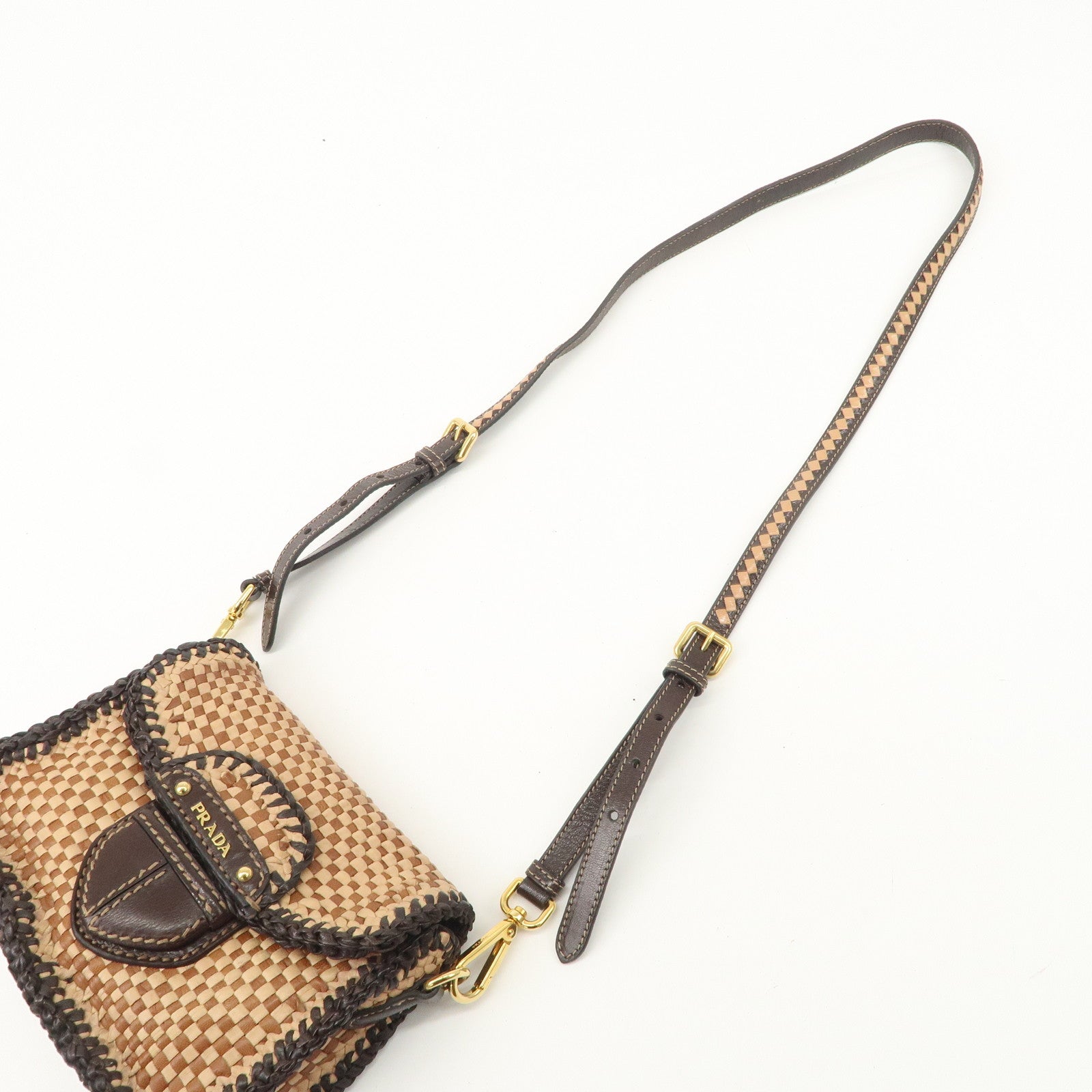 PRADA Madras Leather Shoulder bag Beige Brown BT781V Used