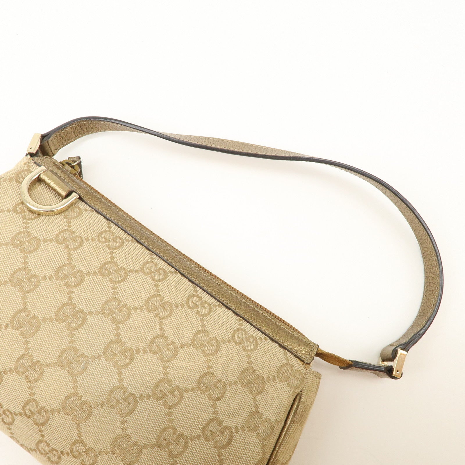 GUCCI Abbey GG Canvas Leather Pouch Hand Bag Beige Gold 145750