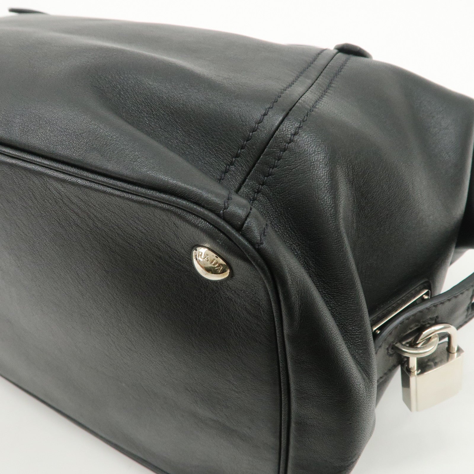 PRADA Triangle Logo Leather Boston Bag Shoulder Bag Black BR4998