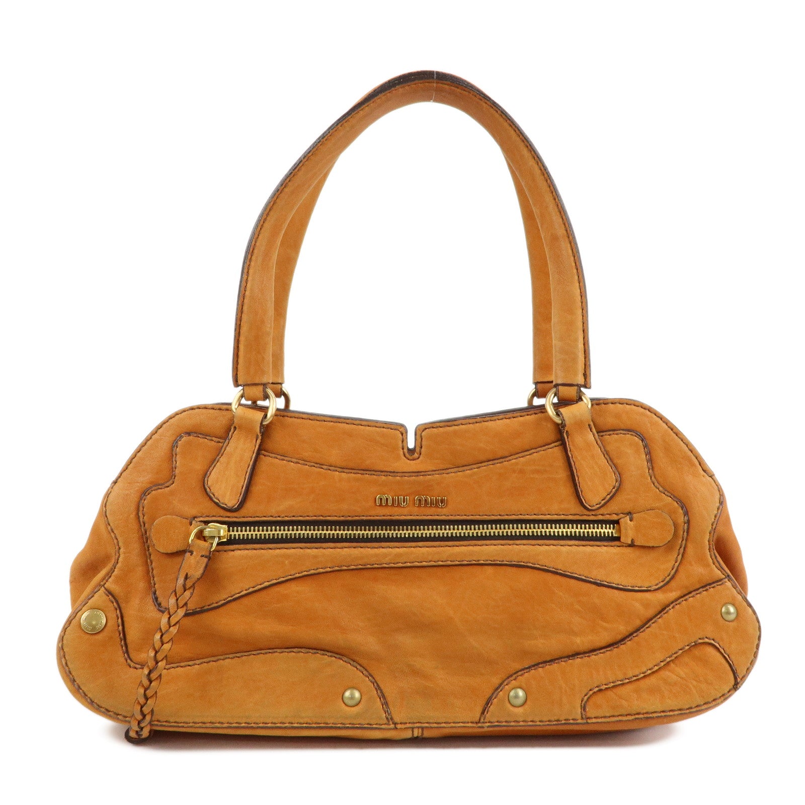 MIUMIU Logo Leather Shoulder Bag Boston Bag Hand Bag Gold HDW Brown Used