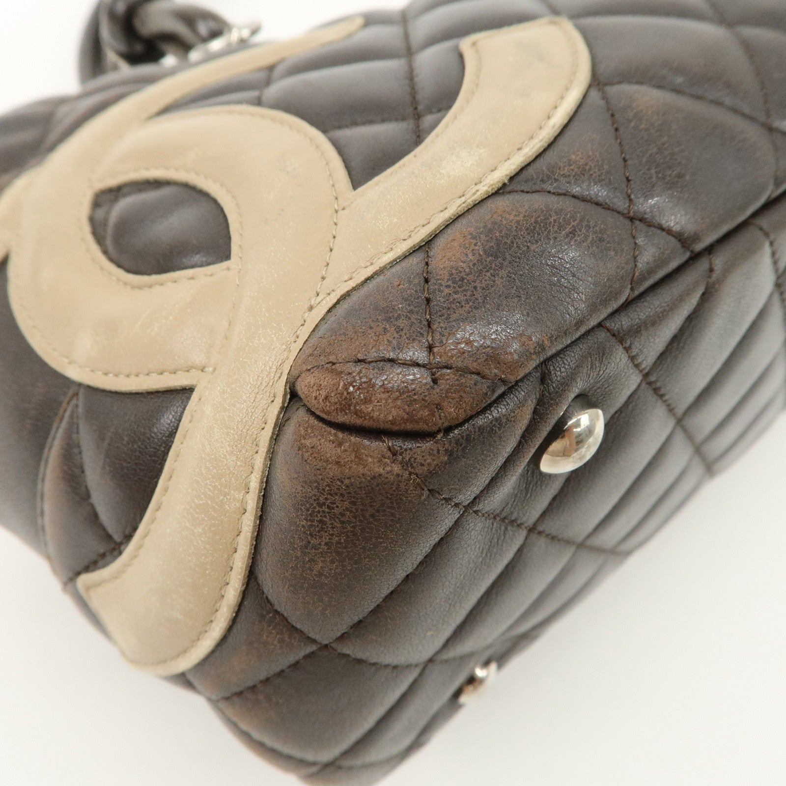 CHANEL Cambon Line Lamb Skin Bowling Bag Hand Bag Brown A25171 Used